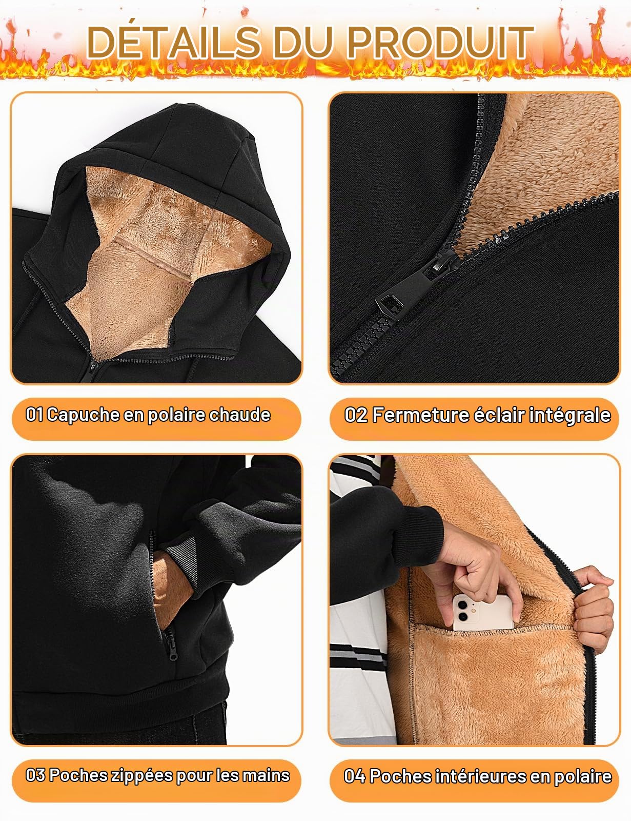 Xnova Sweat à Capuche Homme avec Zippée Hiver Sweat Polaire Zippé Chaud Épaisse Sherpa Manches Longues Survêtement Gilet Homme Hoodie