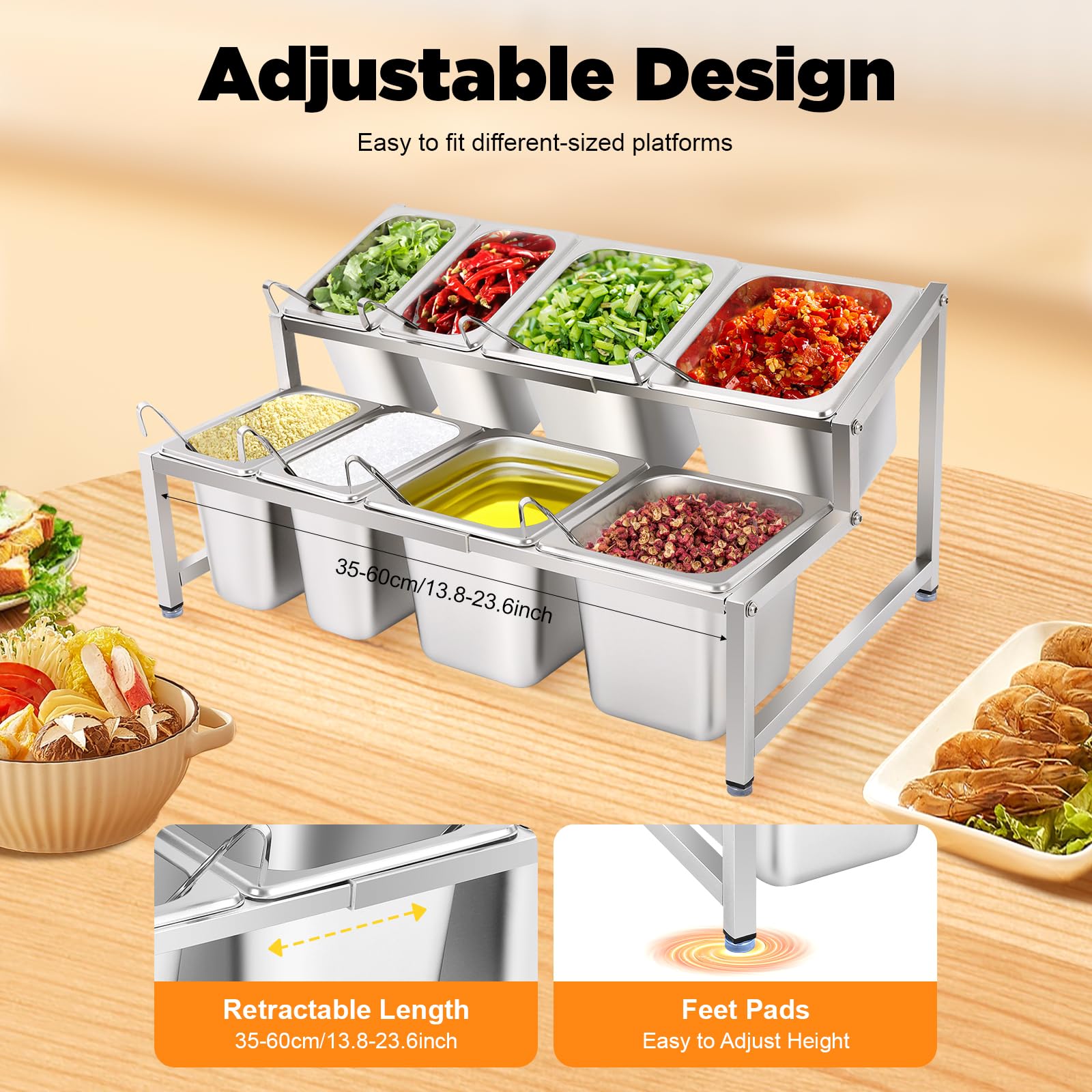 Recipiente para ingredientes para pizza de acero inoxidable | Especiero extensible ajustable con 8 compartimentos, 8 cucharas y tapas, recipiente para cocina, restaurante