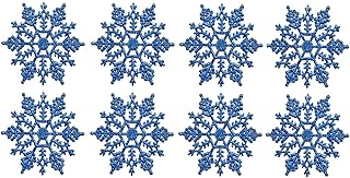 Min 3inch Plastic Snowflake Ornaments Set of Tiny 24pcs Sparkling Blue Iridescent Glitter Snowflake Ornaments on String Hanger for Decorating, Crafting and Embellishing (3inch, Blue)