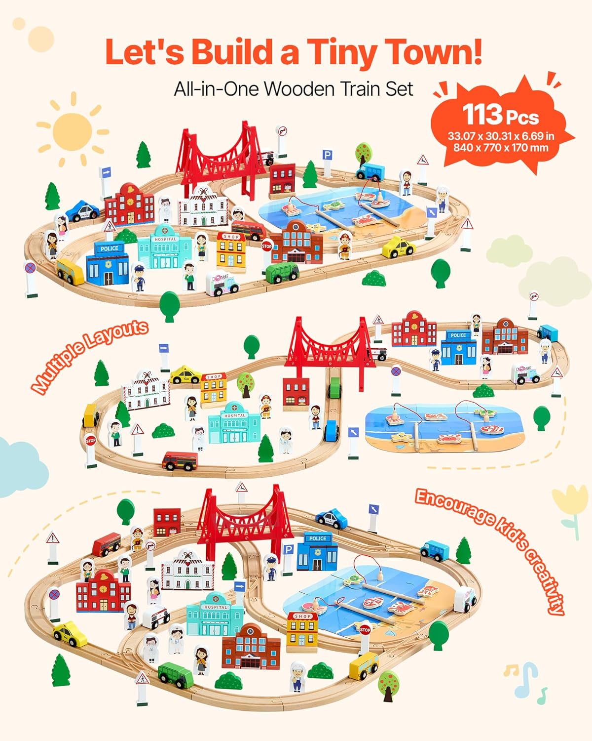 VEVOR 113PCS Wooden Train Set, for Kids Ages 3-8, Wood Train Track Toy with Storage Box, City Scene Railway Playset, Compatible with Major Brands, Christmas Birthday Toy for Toddlers Boys and Girls
