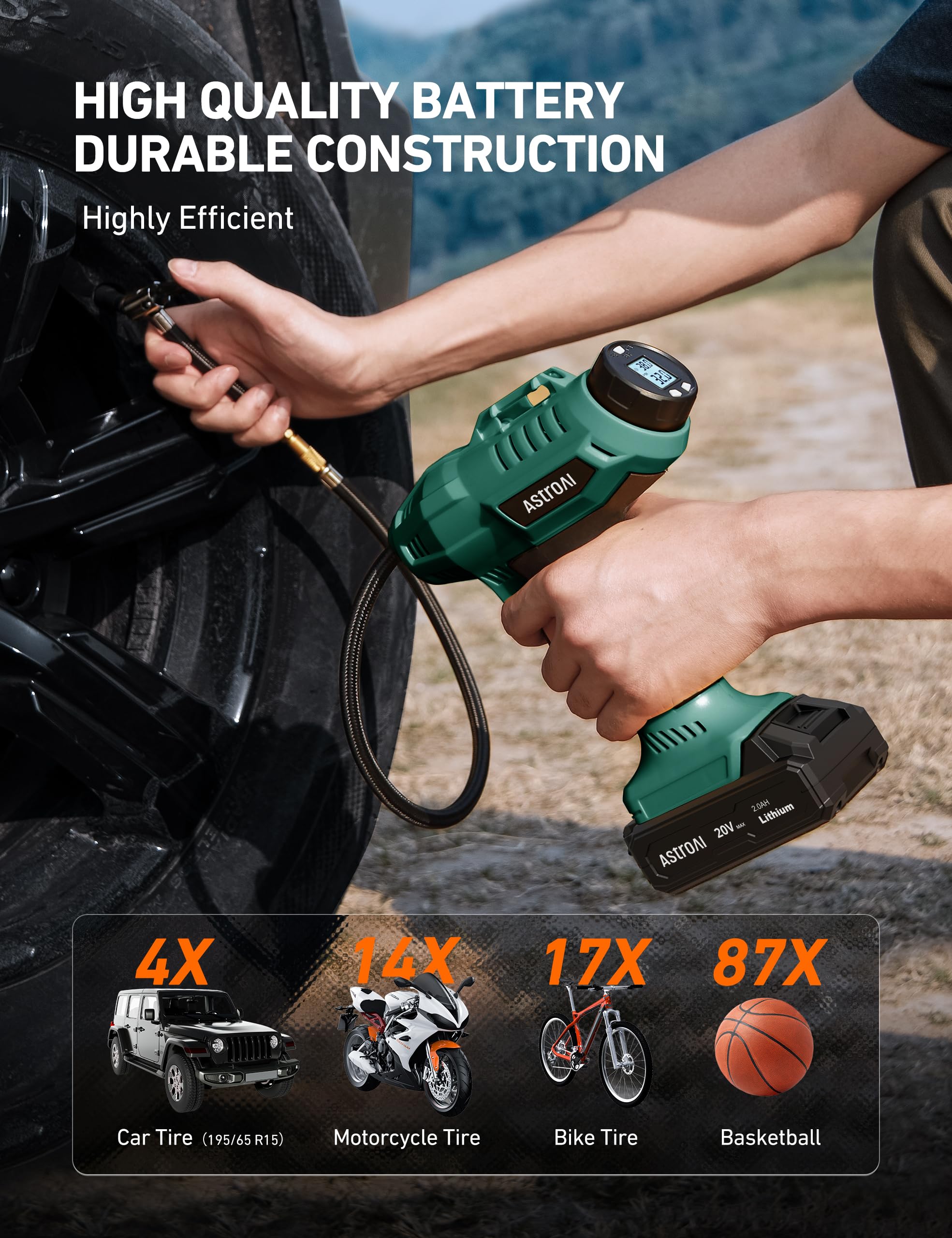 AstroAI 160 PSI Tire Air Compressor Cordless Tire Inflator Green 20V ...