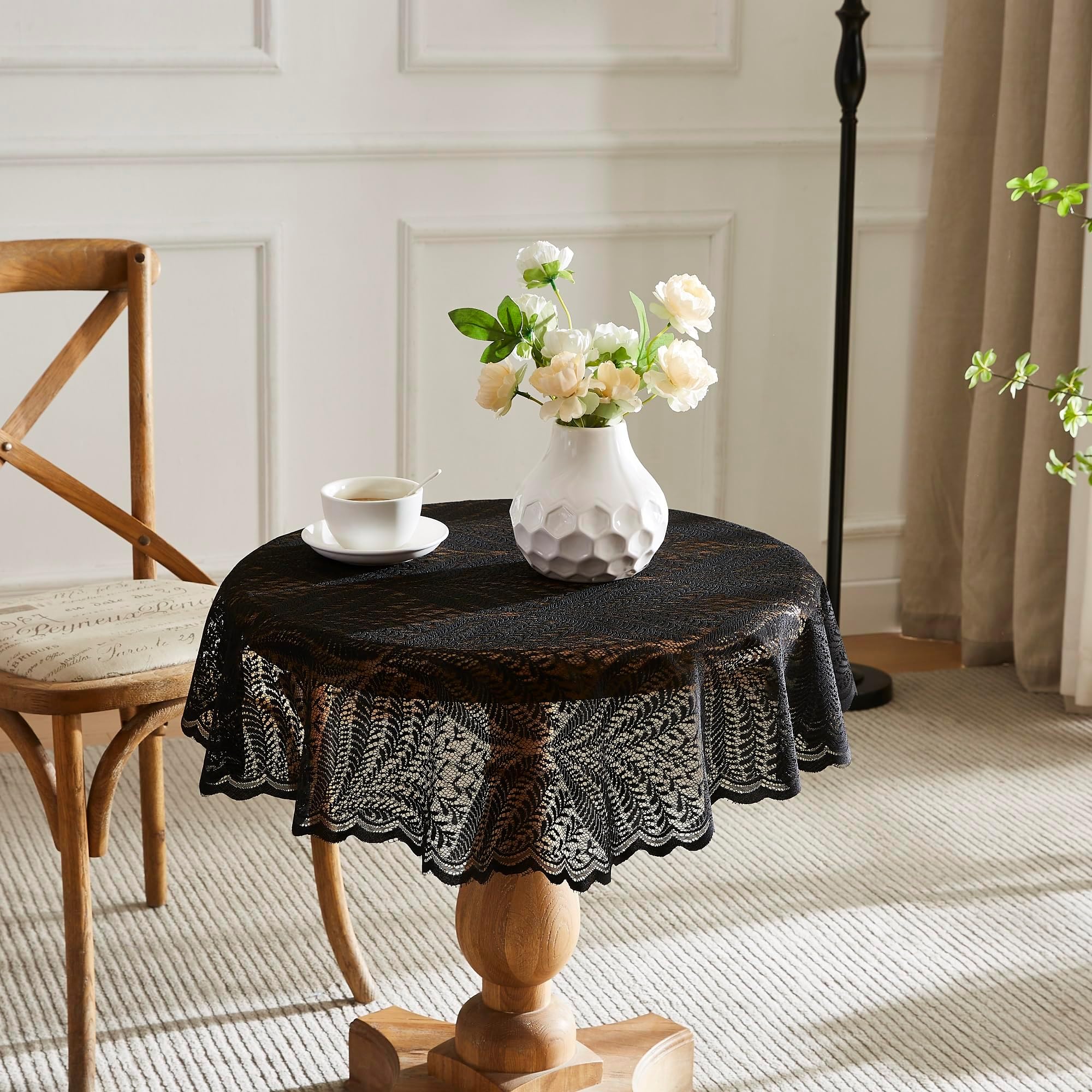 LinenZone Round Lace Tablecloth with Leaves Design. Small Black Tablecloth is 36 Inches in Diameter. Leaf Tablecloth for Farmhouse Table Decor or Rustic Kitchen Decor. (Amelia 36 Round, Black)