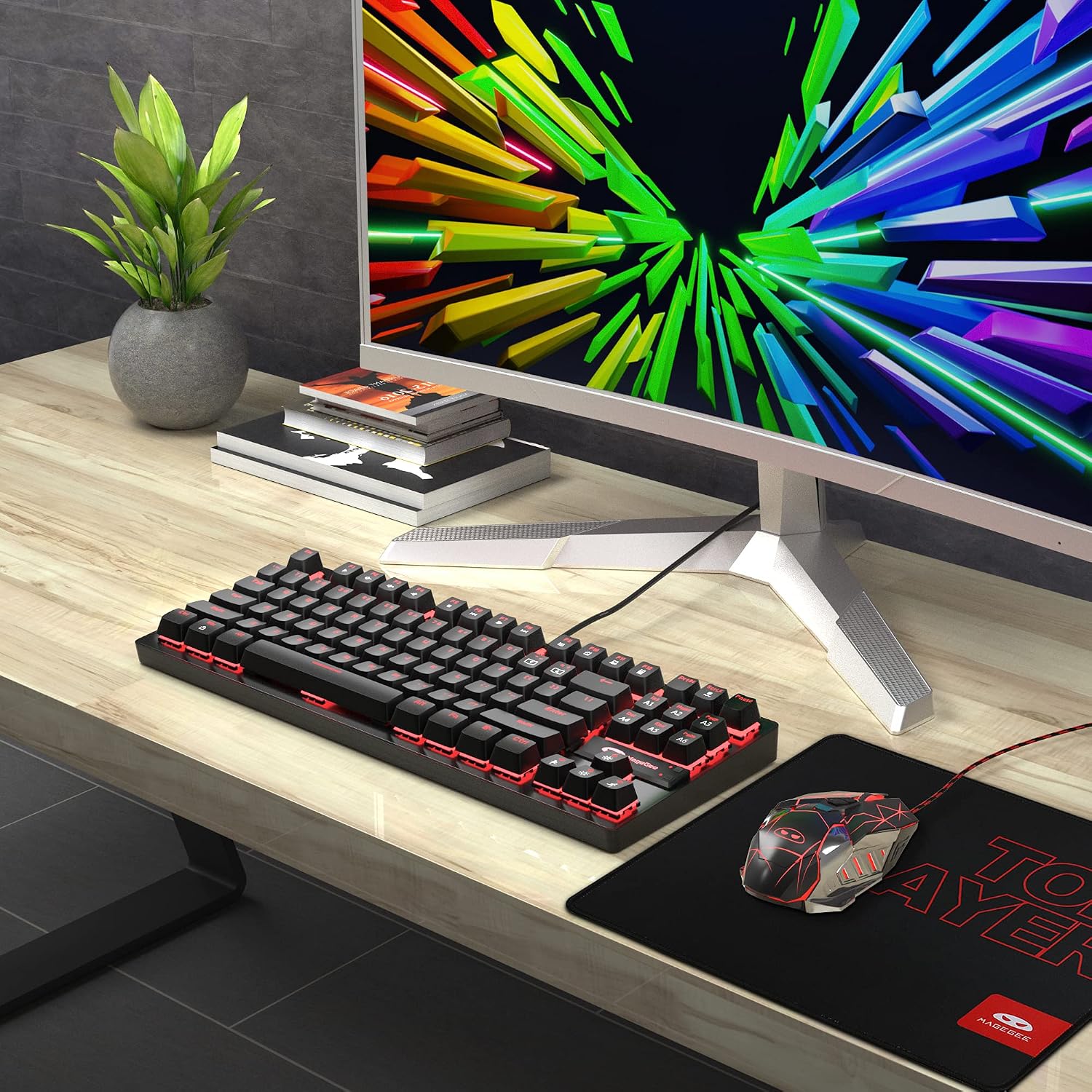 Product Deal Mechanical Gaming Keyboard and Mouse Combo & Large Mouse Pad,Mechanical Keyboard 87 Keys Small Compact LED Backlit - MK1 Wired USB Gaming Keyboard with Blue Switches, for Windows
