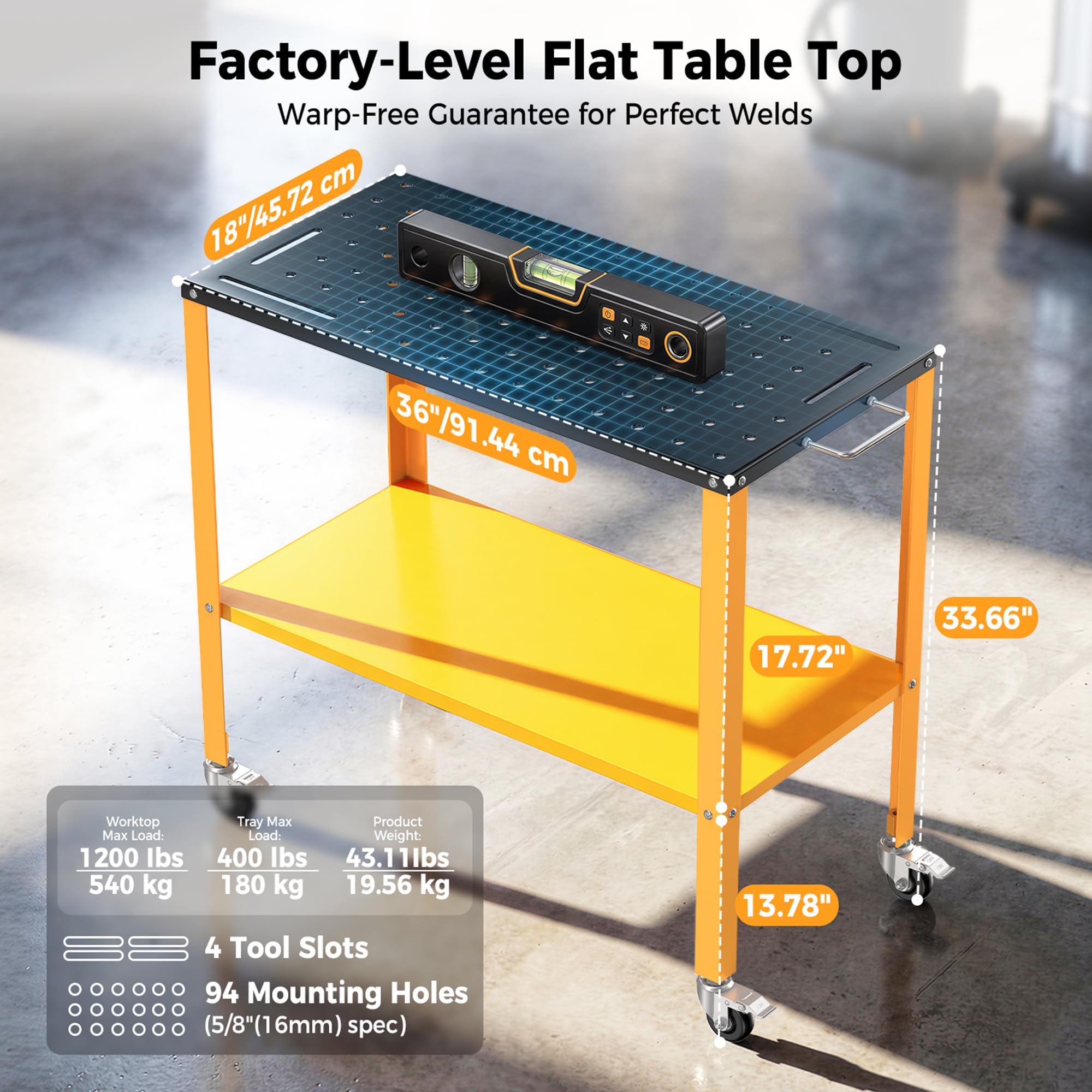 Table de Soudage 91x46 cm, Charge de 544 kg, Finition Oxyde Noir, Établi de Soudage avec 4 Roulettes de Freinage Verrouillables, 4 Fentes pour Outils, Trous de Fixation de 1,6 cm pour Garage, Atelier