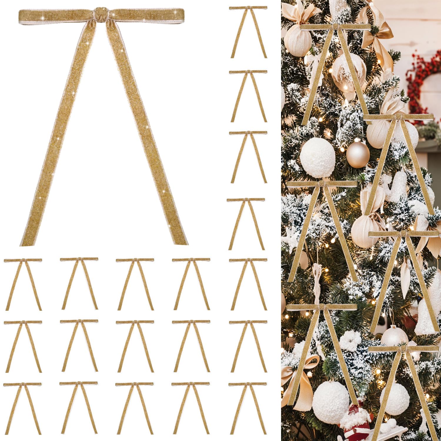 24 PCS Velvet Bows Christmas Ornaments Decorations, Sparkly Glittery Gold Khaki Velvet Christmas Tree Bows Decor, Unique Vintage Elegant Xmas Home Holiday Decor for Tree Mantle Wreath Gift Wrapping