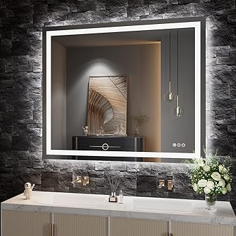 48x40 LED Lighted Bathroom Mirror - Black Aluminum Framed (Front and Backlit), Anti-Fog Bathroom Mirror with Lights,Stepless Dimmable LED Mirror,3 Colors Smart Mirror(Horizontal/Vertical)