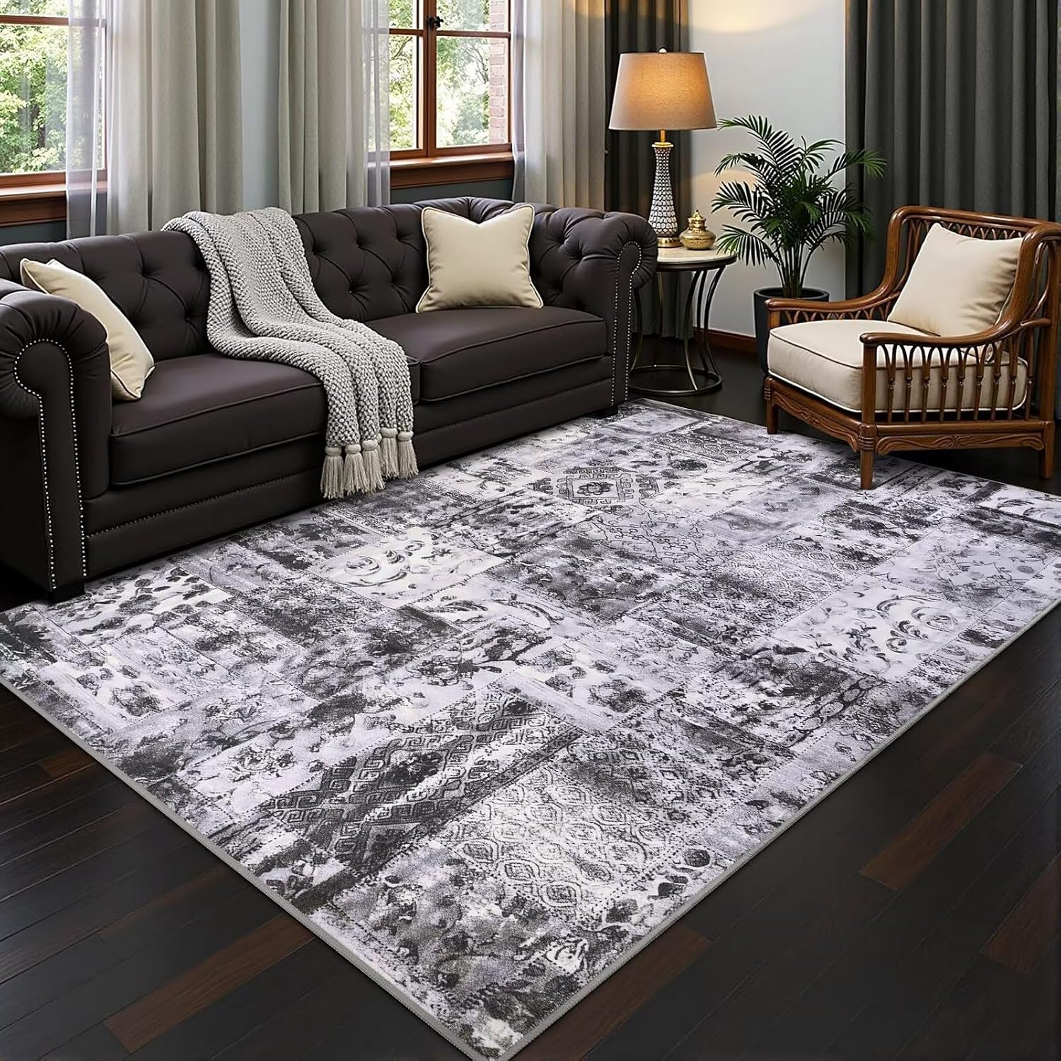8x10 Area Rug, Black and White Rugs for Living Room, Washable Abstract Carpet for Bedroom, Foldable, Stain Resistant, Non Slip, Low Pile Soft Indoor Carpet for Nursery, Dorm, Dining Room