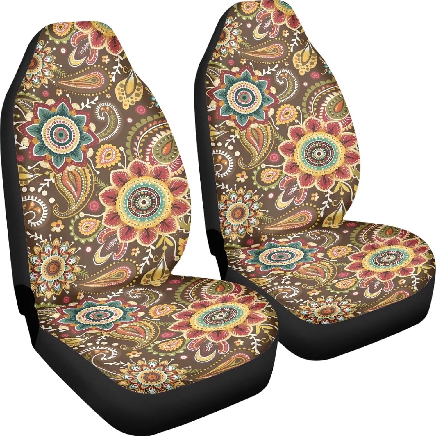 Hippie Flower Car Seat Covers,Front Auto Seat Cover Protectors Full Set of 2 Pcs Blossom Lotus Print Car Accessories Seat Cushion Pads for Women Boho Vehicle Bucket Seat Pad,Universal Fit