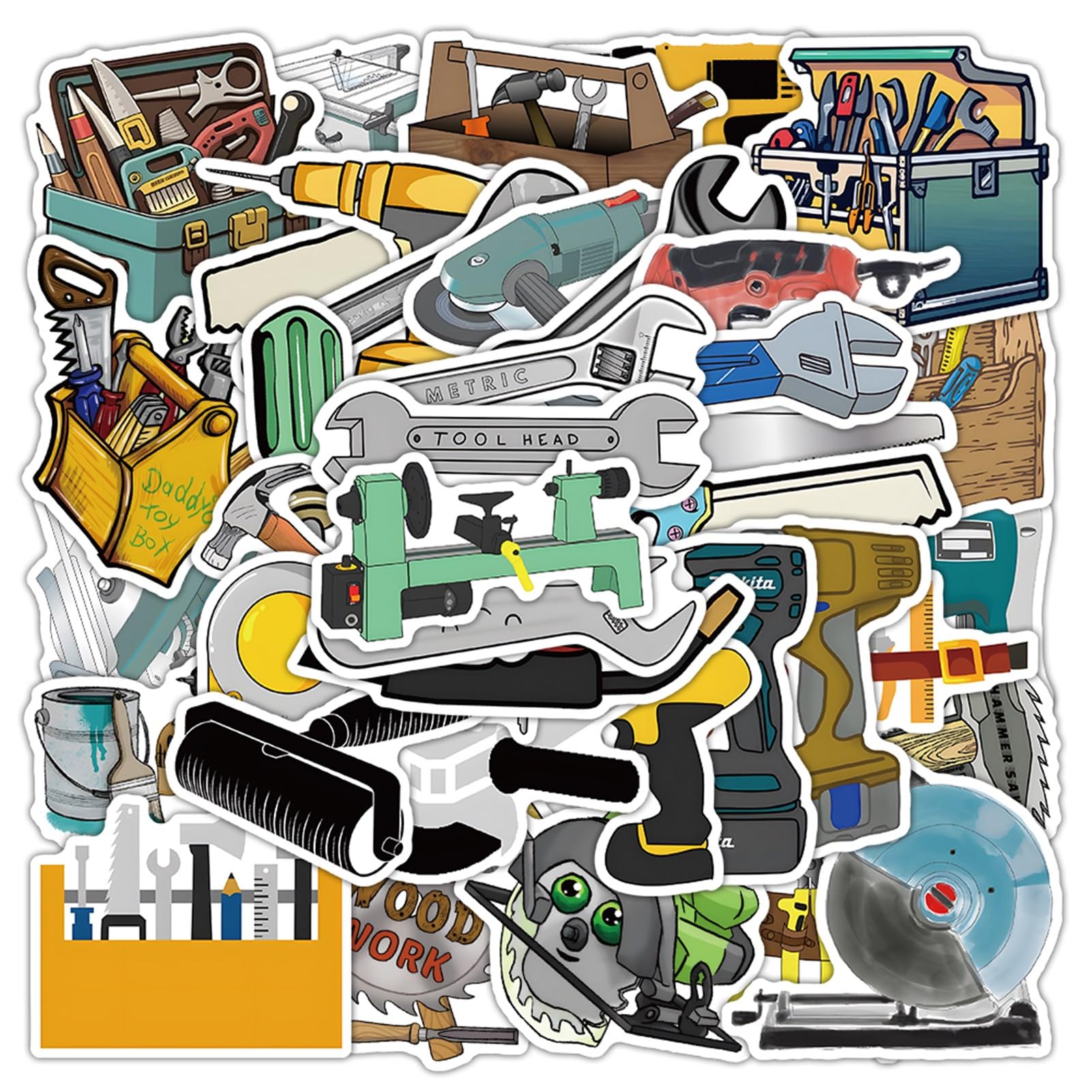 50 Pcs Tool Stickers Pack for Kids Teens Adults, Tool Box Stickers, Lovely Vinyl Waterproof Decals for Water Bottles Skateboard Car Bike Phone Case