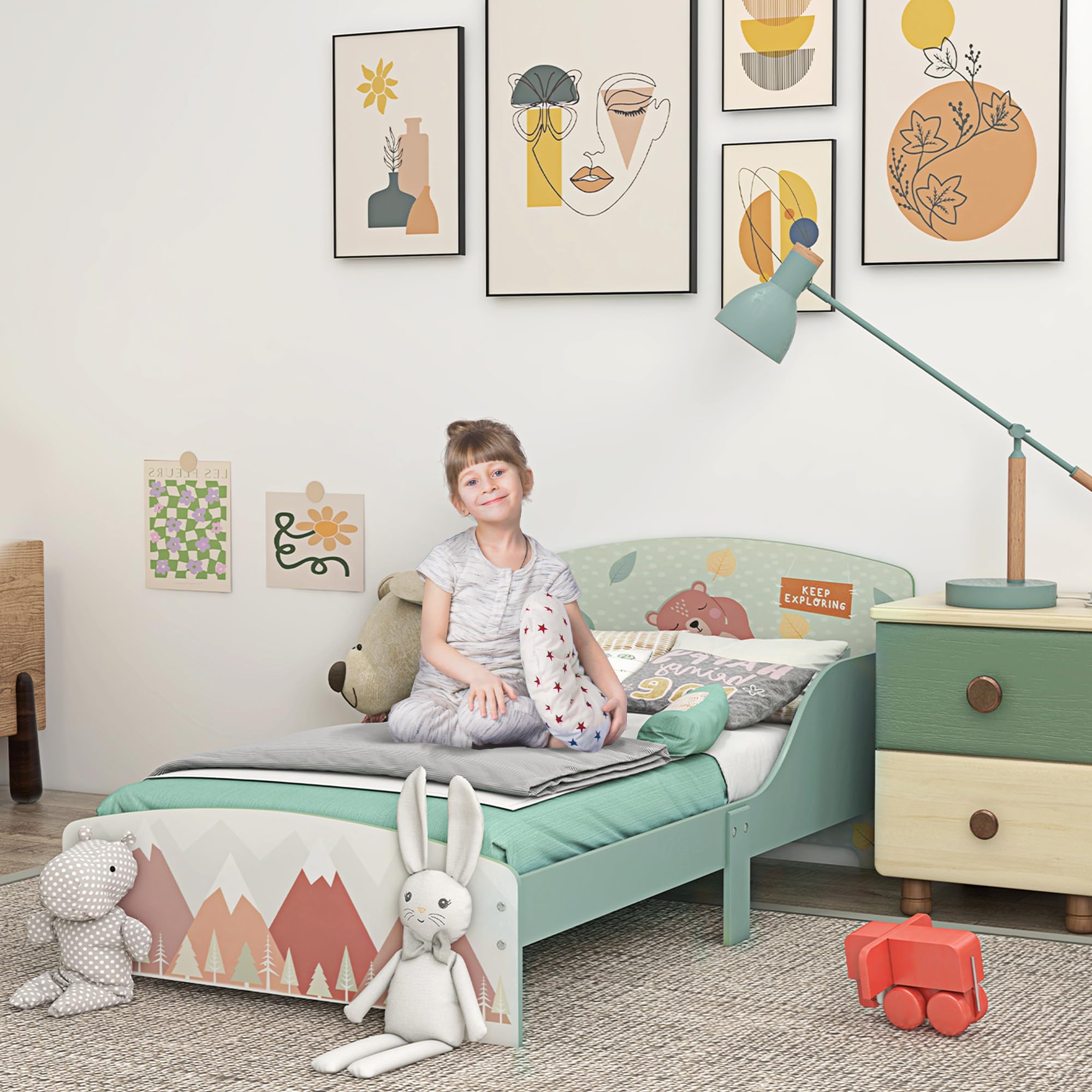 ZONEKIZ Cama Infantil de Madera 143x77x60 cm Cama para Niños de 3-6 Años con Barreras de Protección y Estampados Carga Máx. 40 kg Mueble de Dormitorio Moderno Verde