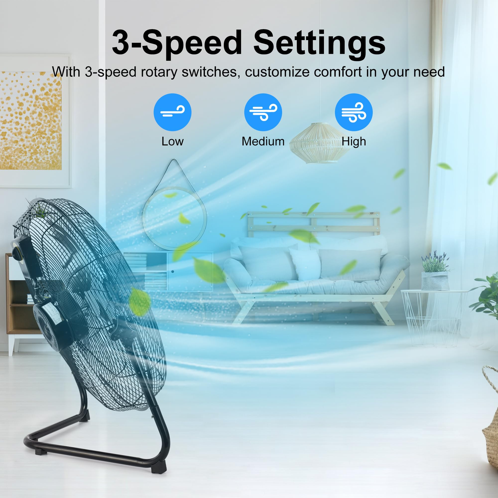 Uthfy Ventilador de alta velocidad, 50,8 cm, ventilador de suelo industrial de metal de 3 velocidades, inclinación de 360°, para almacén, taller, fábrica y sótano, negro