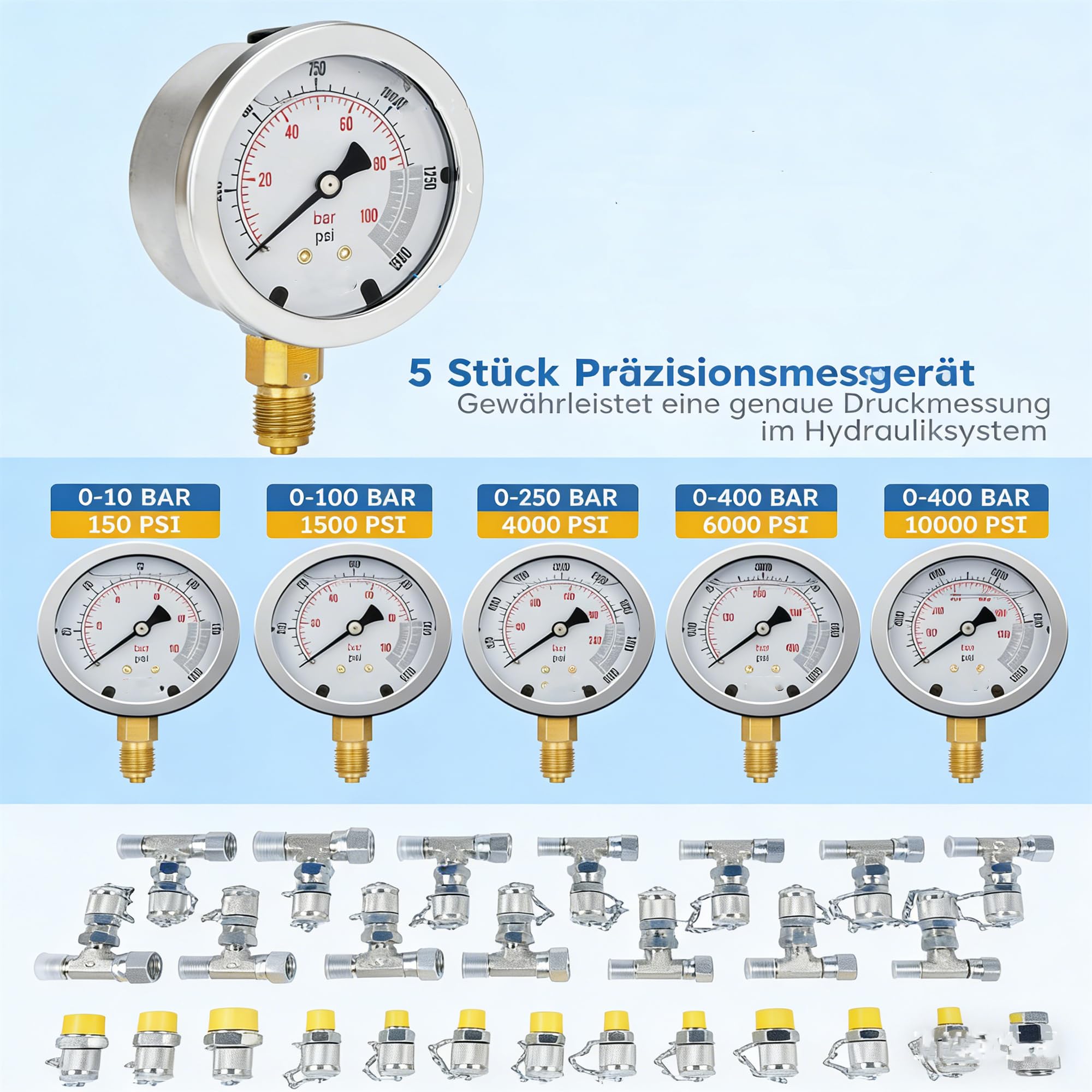 Kit di prova pressione idraulica 10/100/250/400/600 bar, 5 misuratori, 13 frizioni, 14 connettori T, 5 tubi di prova per trattori escavatori Hopzty