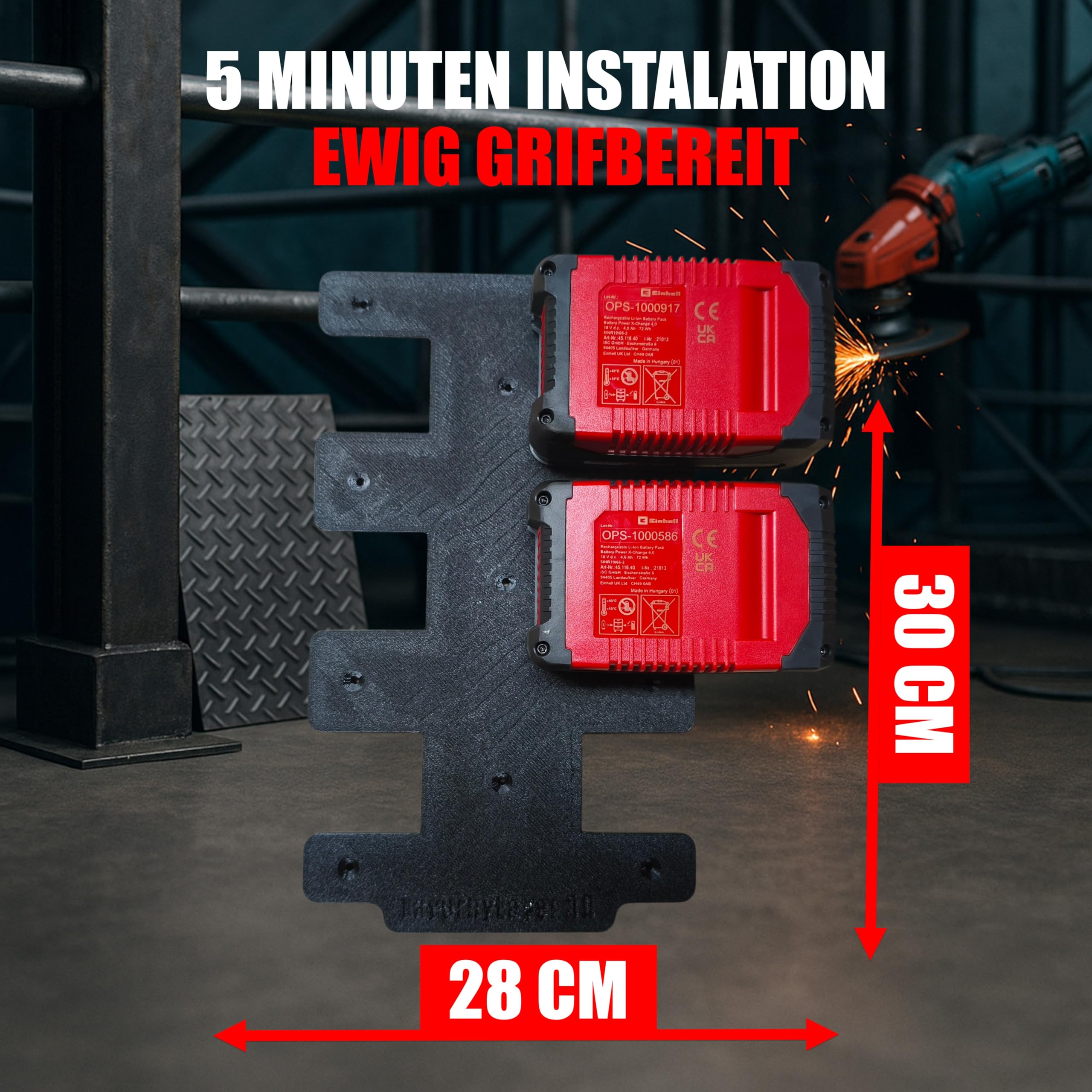 Wandhalterung für Einhell Akkus & Ladegeräte [Made in Germany] Akkuhalter für 18V Akkus - Einhell Wand Halterung Ladegerät - Akku Wandhalterung für Ordnung & System (6-Fach 18V Akkuhalter)