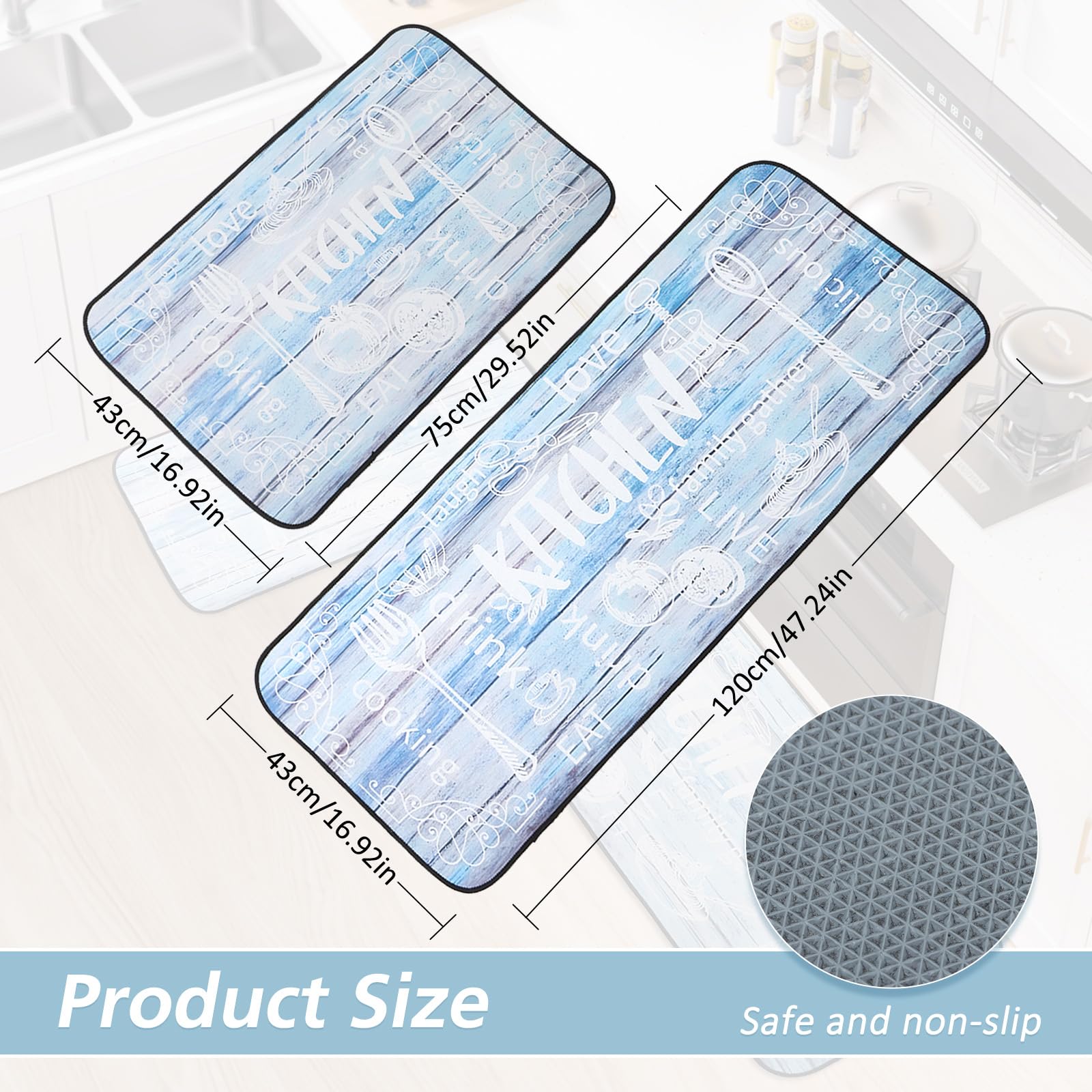 Juego de Alfombras de Cocina Antideslizantes de 2 Piezas, Tapete Cocina Antideslizante Resistente al Aceite, Adecuado para Cocina, Baño, Sala de Estar, 43x75 + 43x120 cm