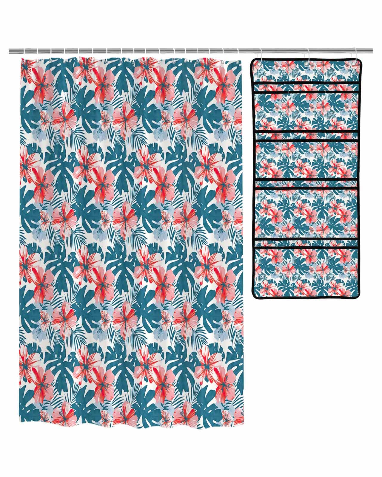 Floral Shower Curtain Mesh Shower Organizer Hanging Set Pink Flowers Blue Leaves Watercolor Tropical Plants Waterproof Shower Curtains