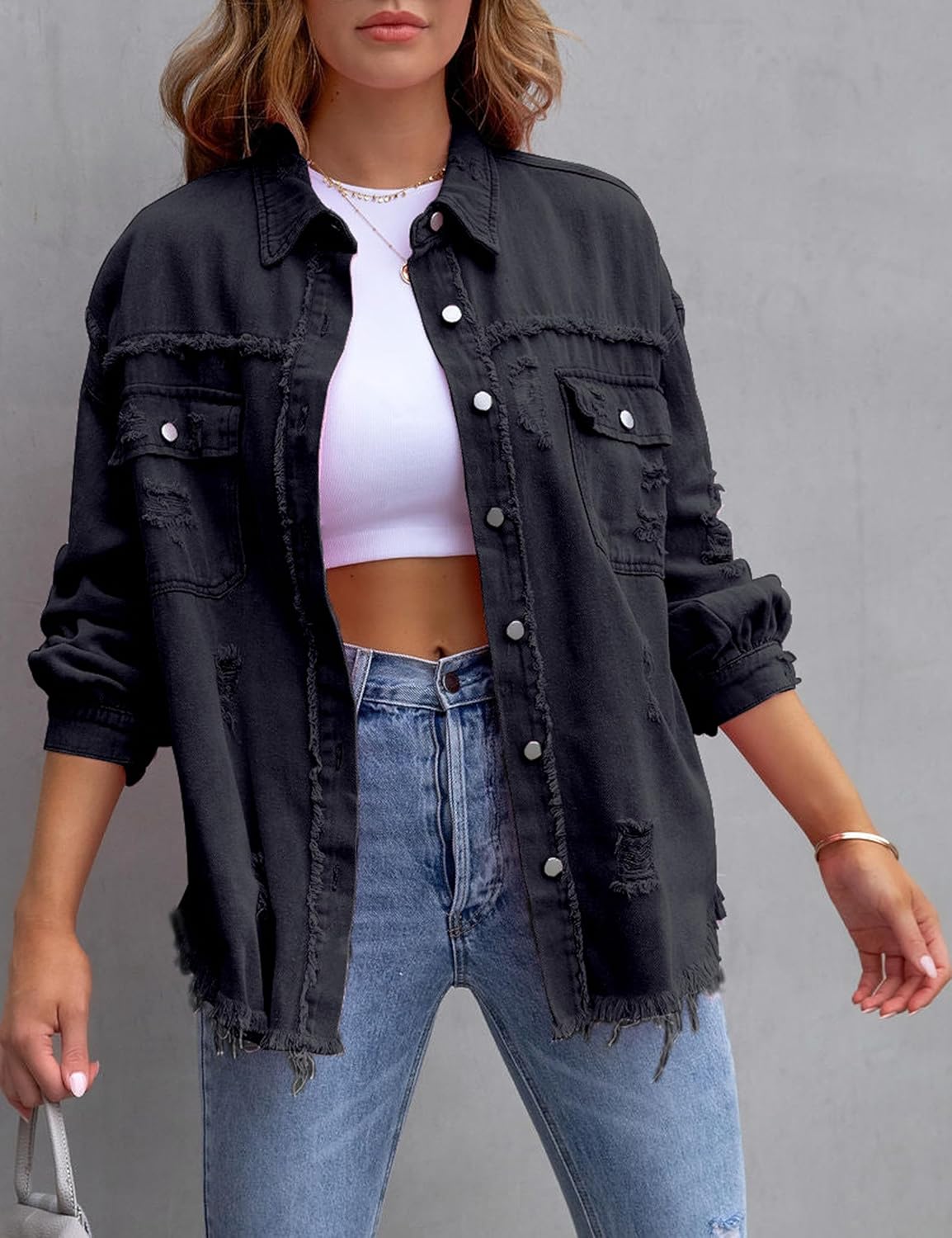 Womens Ripped Distressed Denim Jacket Tops Oversized Casual Long Sleeve Basic Jean Jacket Coats - Image 3
