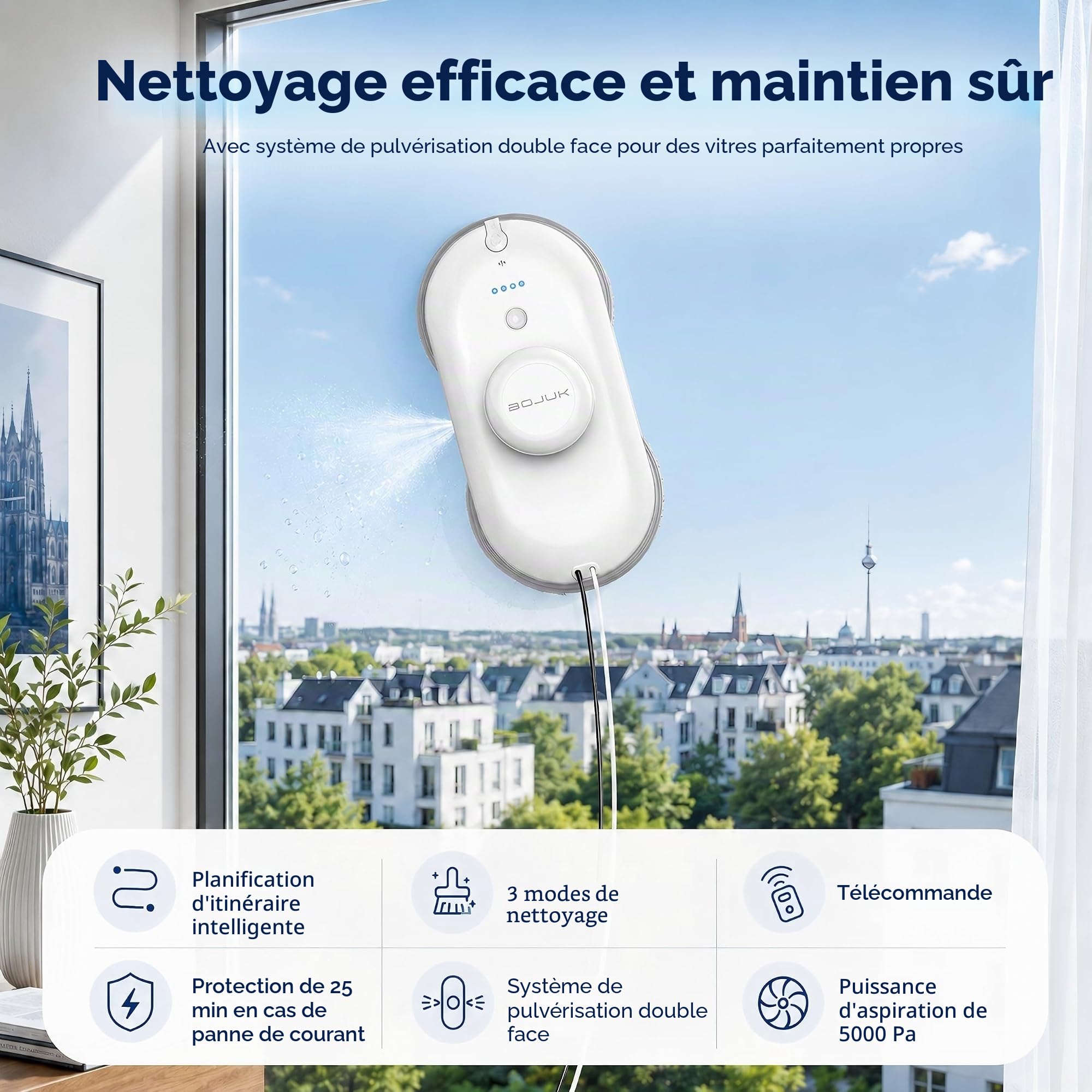Robot lave-vitres, Robot lave-vitres 5000Pa, Système de pulvérisation double, Réservoir de 100ml, Navigation intelligente, 3 modes, Détection des bords, UPS, Nettoyage sans faille pour le verre