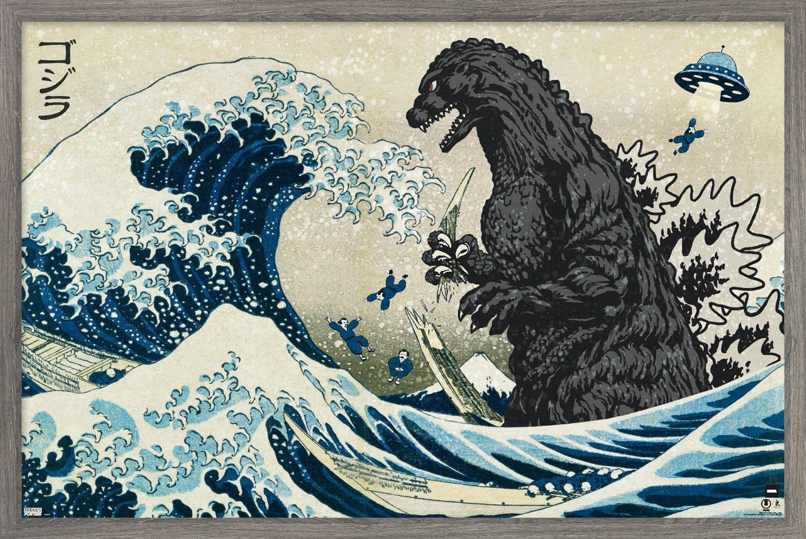 Trends International Godzilla - Great Wave Wall Poster, 14.72" x 22.37", Barnwood Framed Version