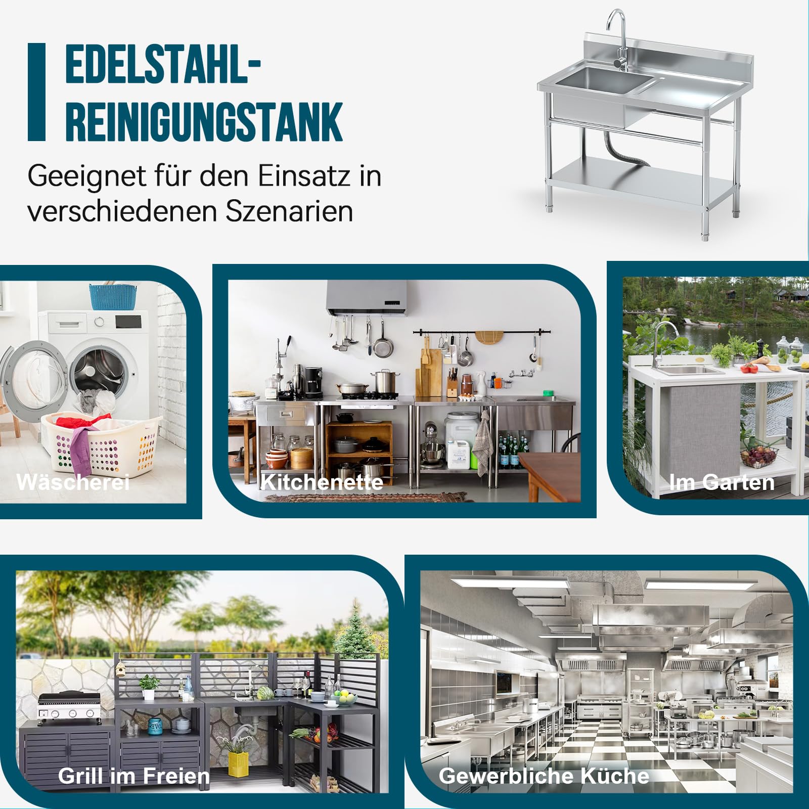 RiveraSink Fregadero Inox Independiente 100×55×80 cm con Encimera, Grifo Giratorio 360°, Cesta Filtro y Cubeta Grande – Altura Ajustable, Fácil de Limpiar – para Cocina, Hostelería y Jardín
