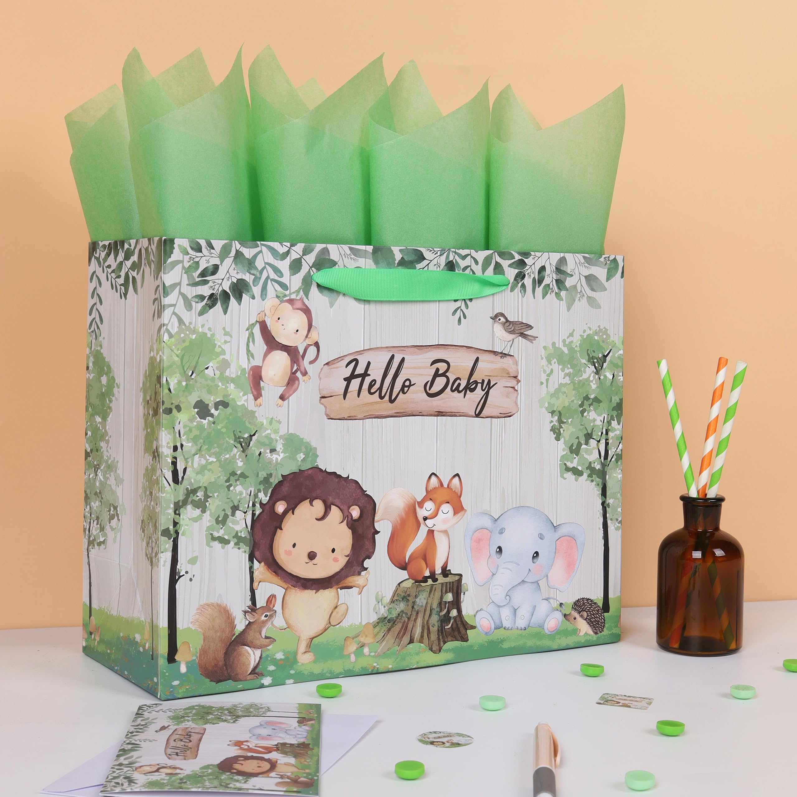 13'' Large Baby Boy Girl Gift Bag Set with Handles, Greeting Card, Green Tissue Papers and Stickers for Birthday, Baby Shower, Newborn, New Moms, Woodland Animals Design, 1 Pcs