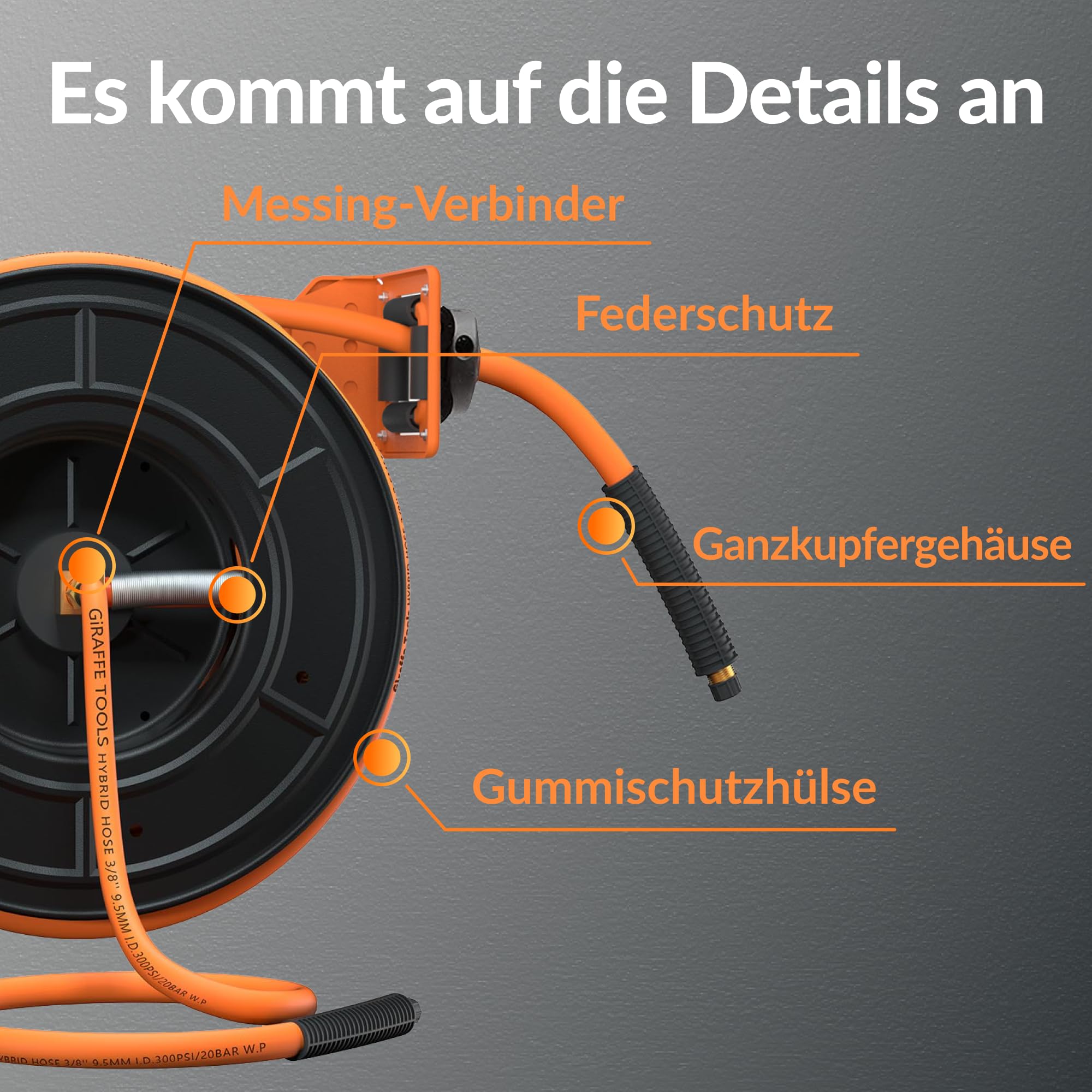 Giraffe Tools Automatik Druckluftschlauchtrommel 15M-Robuster Aufroller mit 1/4" Anschluss&3/8" Schlauch (Ø9,5mm) max 300PSI für Werkstatt und Garage-Plus Version mit 180°Schwenkbracket und Zubehörset