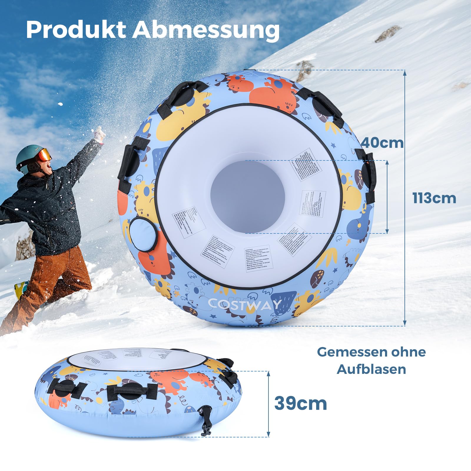 GYMAX Ø113cm Aufblasbarer Schneereifen, Snow Tube bis zu 100 kg belastbar, Schlitten Rodelschlitten mit Griffe, Reifenpumpe & Schleppleine, Donut Rutschreifen für Erwachsene & Kinder