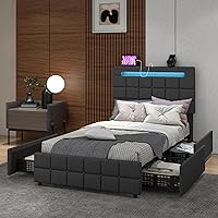Vista 17 de Giantex Base de cama matrimonial con luces LED y 4 cajones, base de cama de plataforma tapizada con puertos USB, diseño de cabecera ajustable