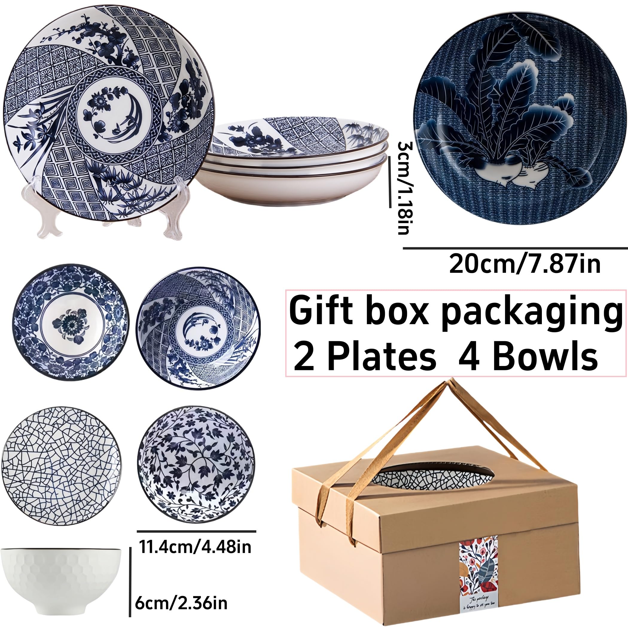 Japanese Style Ceramic Plates and Bowls Set, Rice Bowl with Gift Box Bowls Set Of 6, Porcelain Serving Bowl for Rice Soup - Image 2