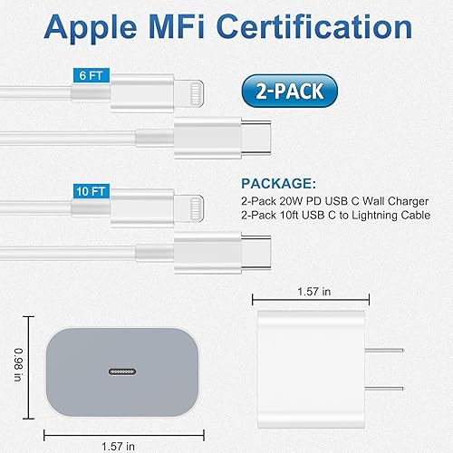 Miniatura 5 de Paquete de 4 cargadores rápidos para iPhone certificado Apple MFi 2 piezas de bloque de cargador de pared tipo C de Apple con 2 cables USB C a