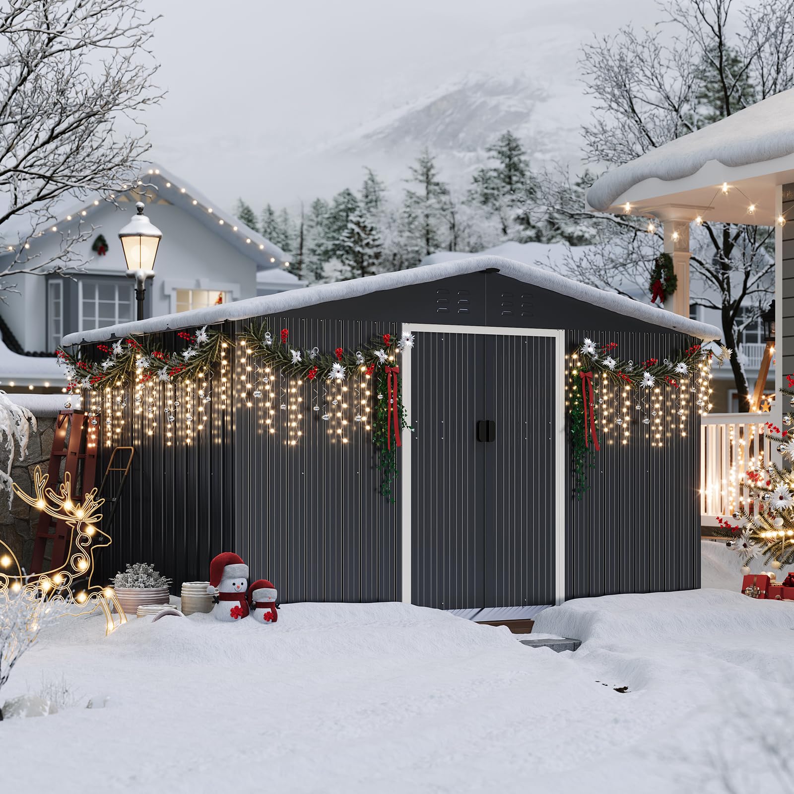 Garvee 8x10 ft Metal Storage Shed, Galvanized Steel Weatherproof Outdoor Sheds with Pitched Roof, Lockable Doors & Gable Vents for Garden, Backyard,