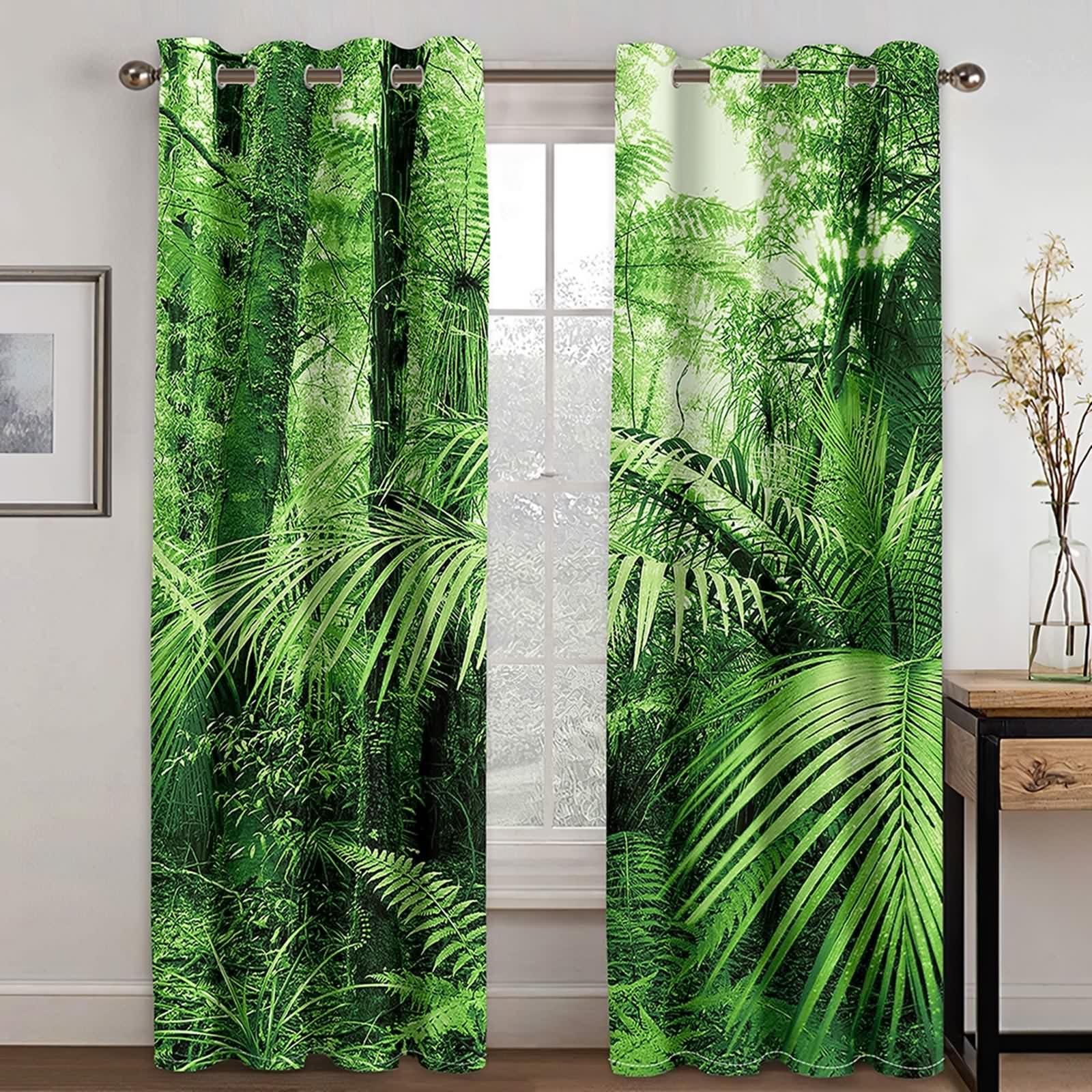 Rideau Vert Mariage, Rideaux Fenetre Chambre Polyester Paysage de Feuilles et D'Arbres 86L x 214H CM Lot de 2