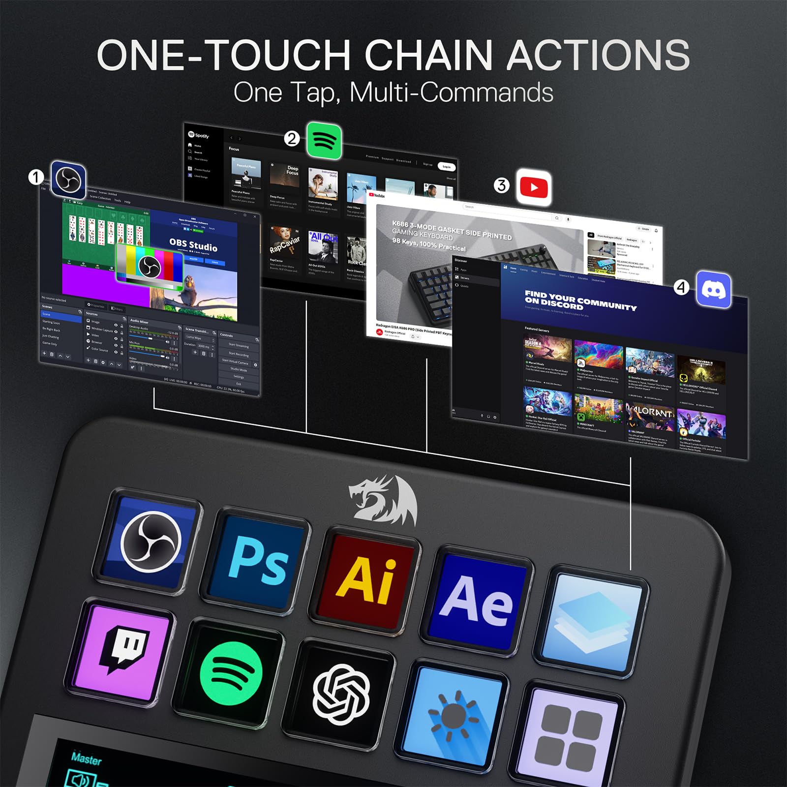 Redragon SS552 Stream Controller ? Pad macro tout-en-un avec bande tactile personnalisée, touches et cadrans LCD, station de diffusion pour créateurs de contenu, streaming, jeux ? Compatible PC et Mac