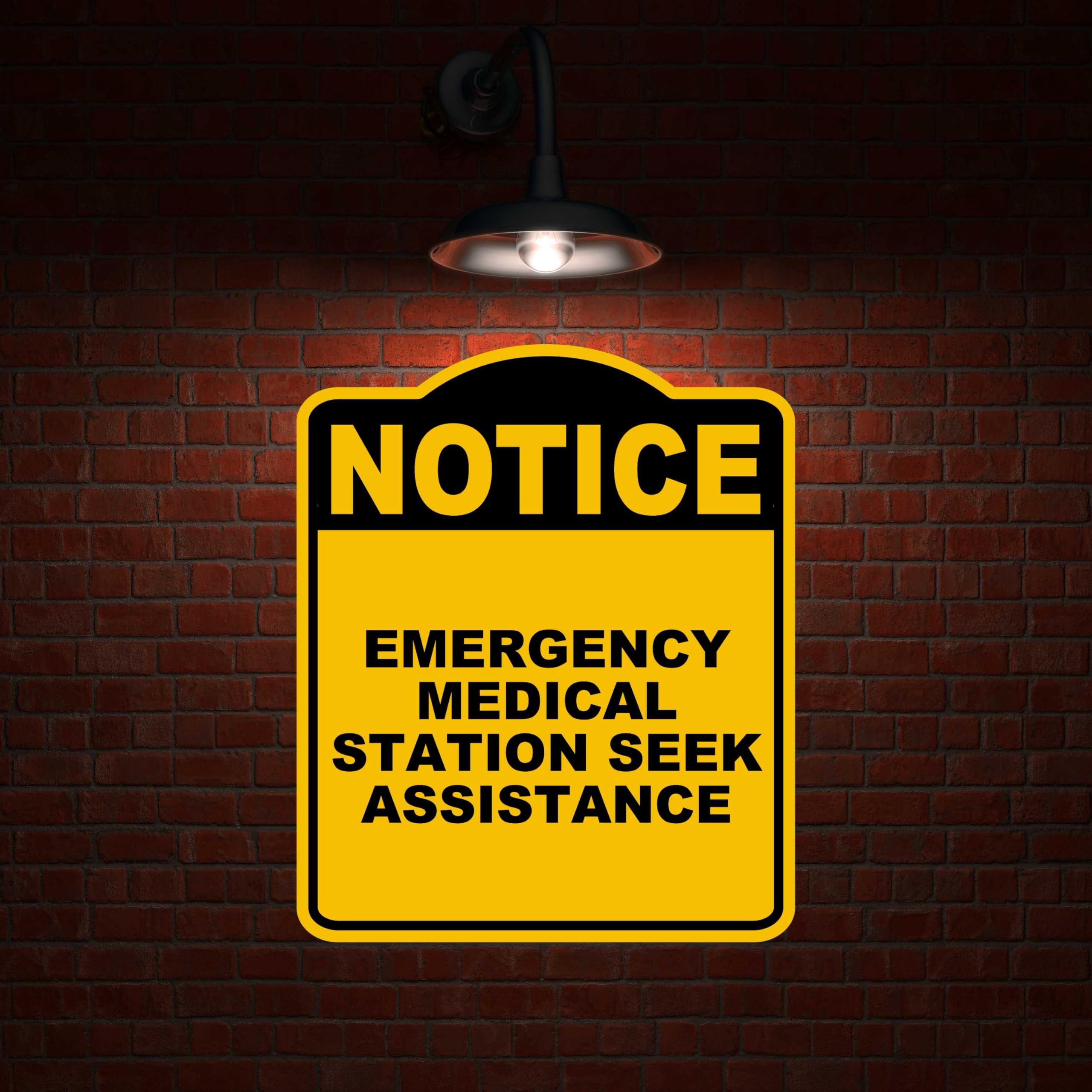 EMERGENCY MEDICAL STATION SEEK ASSISTANCE Notice Yellow Black Aluminum Composite Sign 20 x 24 inches