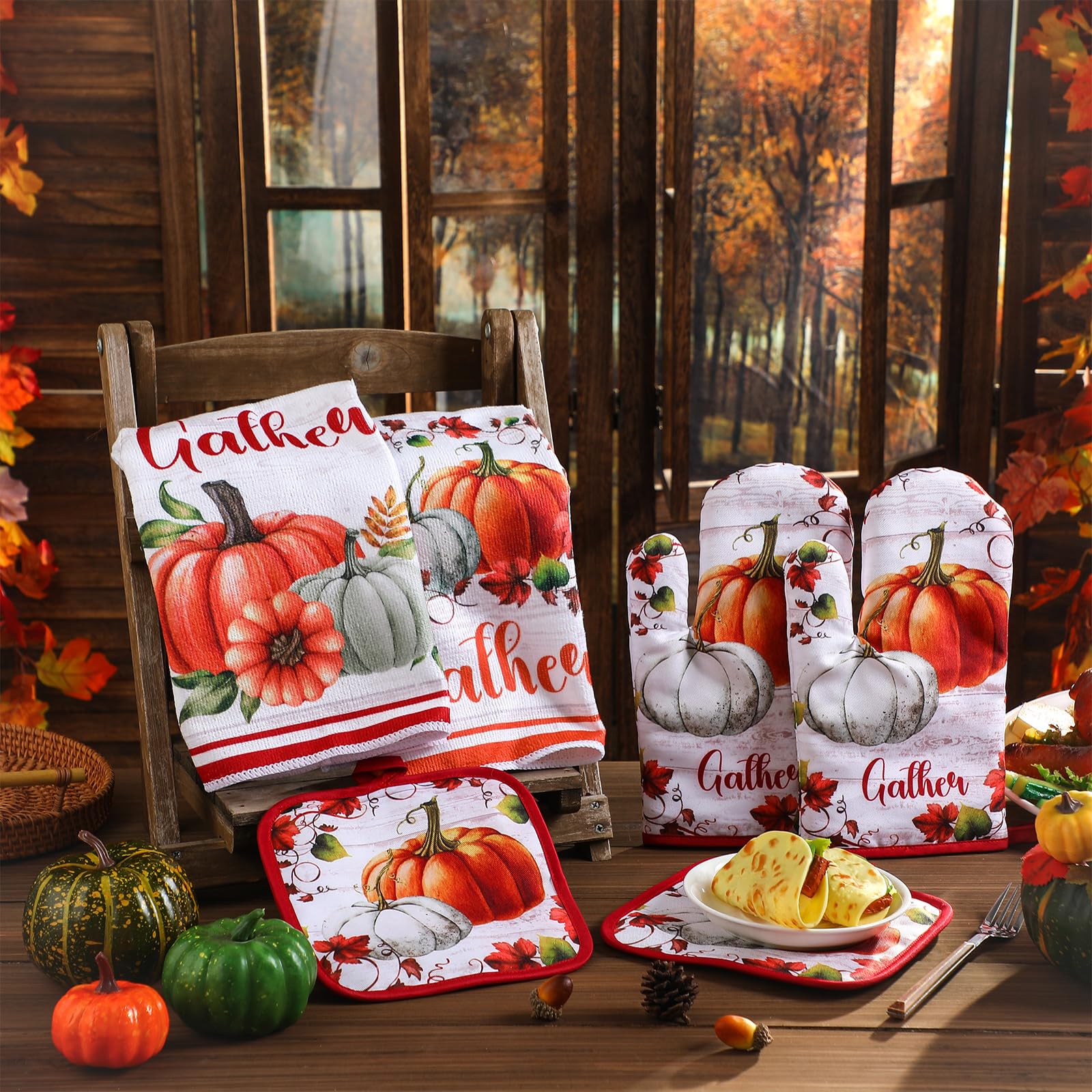 Juego de 6 accesorios de cocina de otoño, incluyendo paños de cocina de calabaza, guantes de horno, soportes para ollas, cosecha, hojas de arce, regalos para otoño, otoño, Acción de Gracias 2