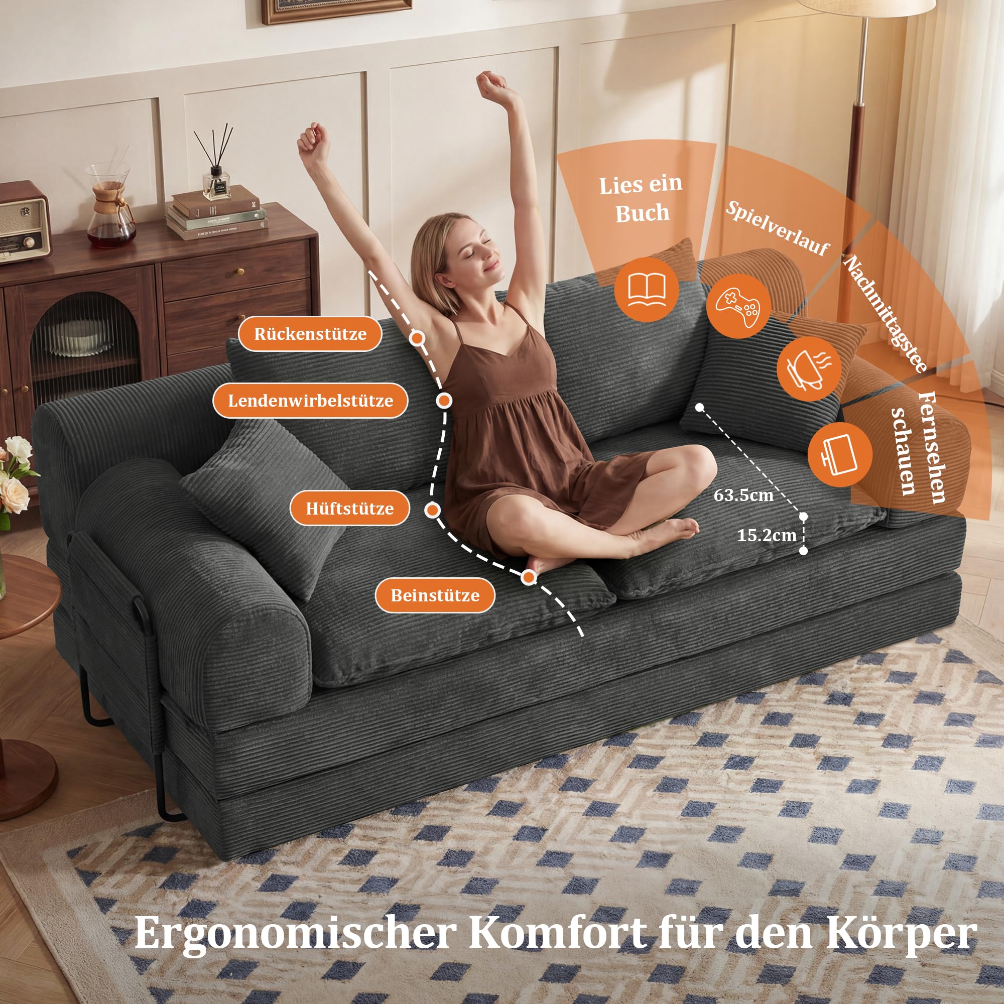 Vipbear 201x90x73cm Convertible Schlafsofa Bett, 5-in-1 klappbare Futon Couch mit Aufbewahrungstaschen, 3 Sitzer Corduroy Boden Couch Loveseat mit Ausziehbett für Wohnzimmer, Schlafzimmer, Grau