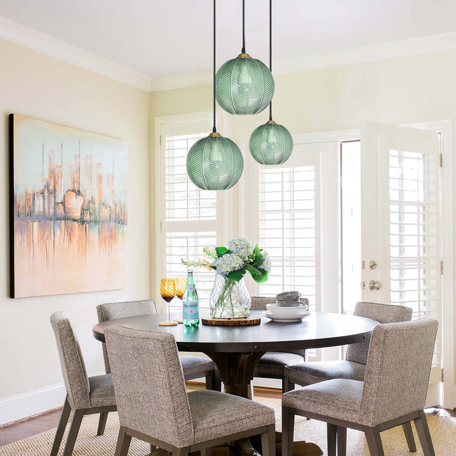 Lampada a Sospensione, Moderna lampadario Lampada a soffitto Industriale a Sospensione con Paralume in Vetro Verde per la Colazione Bar Angolo Cucina Isola Sala da Pranzo Soggiorno (3Light)