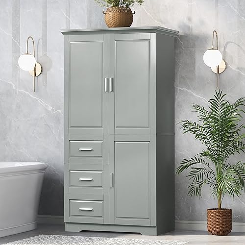 Polibi Armario de almacenamiento alto, despensa independiente moderna con 3 puertas, estantes ajustables y 3 cajones de almacenamiento para cocina,