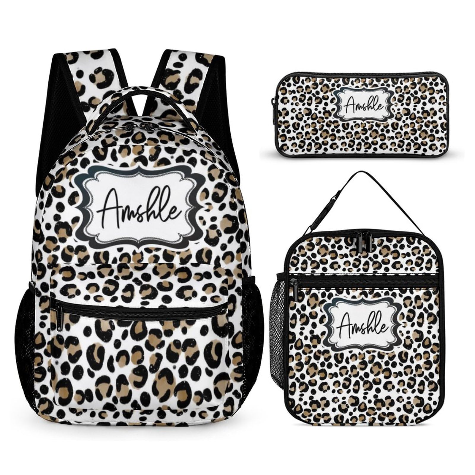 ASD Jewerly 3Pcs Set Personalized Name Leopard Print Rainbow Cheetah Backpack Gift, Customized Canvas Large Capacity Laptop Daypack Bag with Name