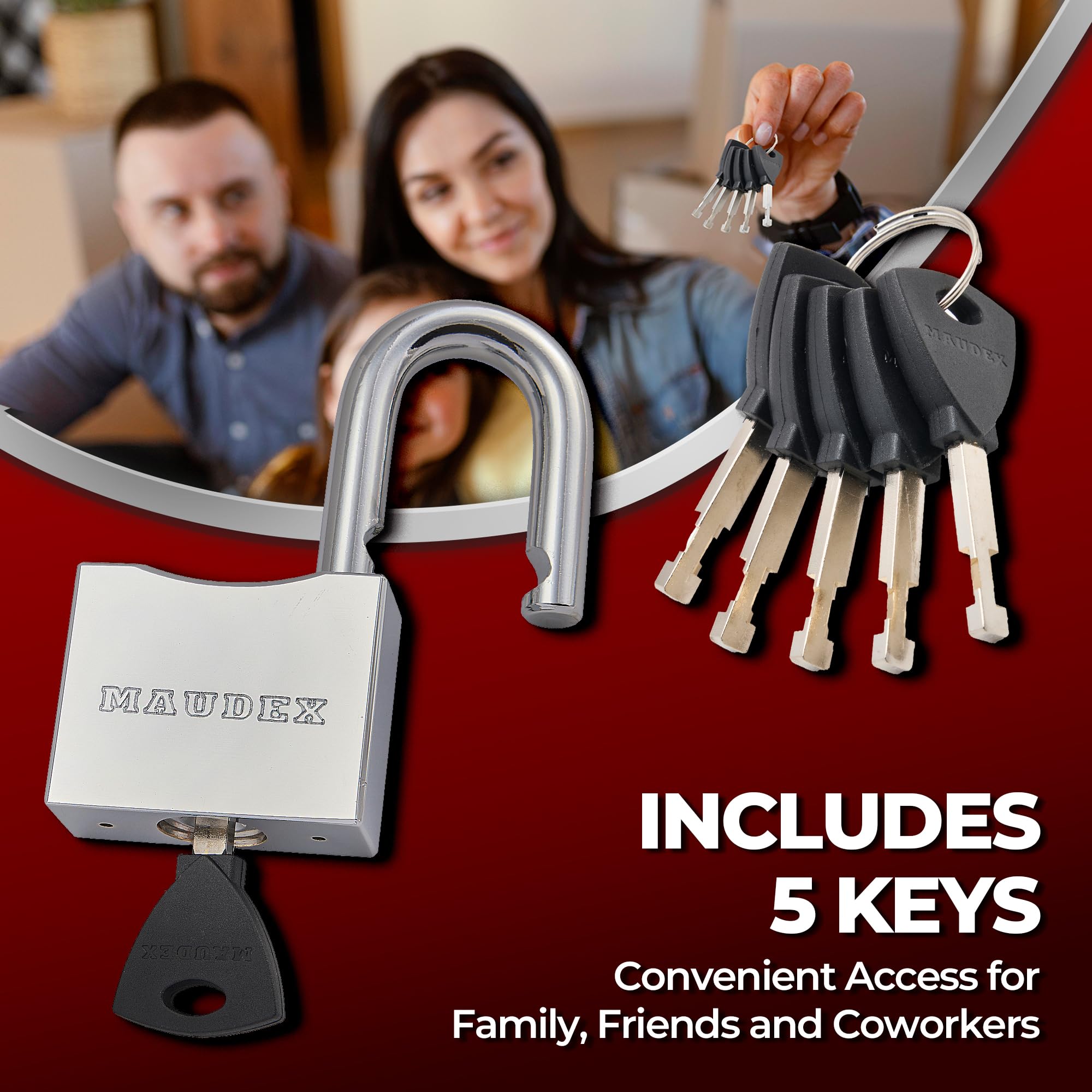 Maudex® RPB50 Heavy Duty Padlock with 5 Keys - 10mm Cut Resistant Hardened Shackle - Weatherproof Chrome Body - Image 4