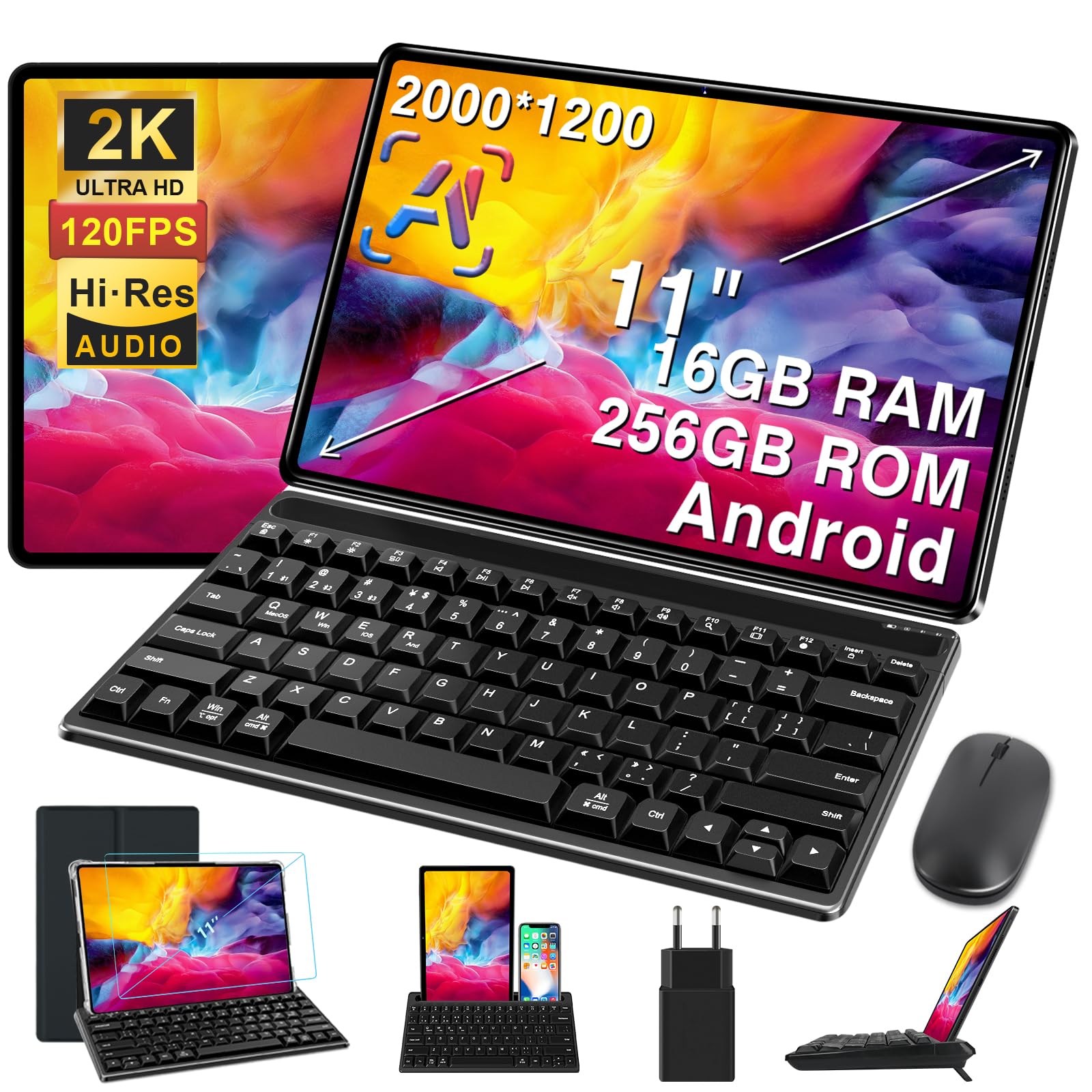 SUAAT Tablet touch da 11 pollici Android 16 GB RAM+256 GB ROM+TF 2 TO, 2 K schermo 2000 x 1200, Octa-Core, 8600 mAh, WiFi 5G, GPS, Bluetooth 5.0, 13 MP+5 MP, corpo in metallo, con custodia, grigio
