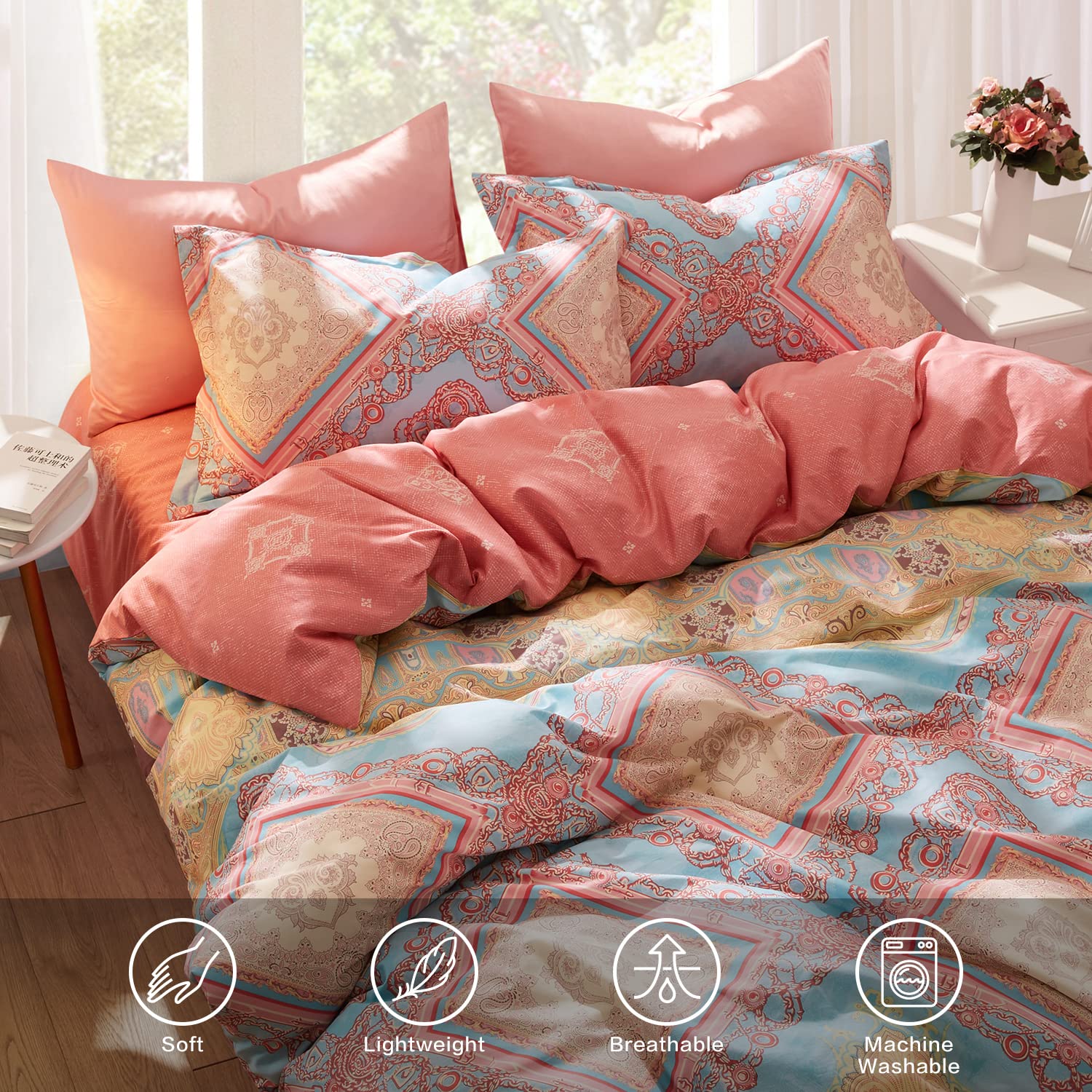 SAPHREAS Bohemian Duvet Cover Set 100% Cotton Super King Size 3 piece Boho Bedding for All Seasons Pink Cover Set 1 Duvet Cover 2 Pillow Shams - Image 4