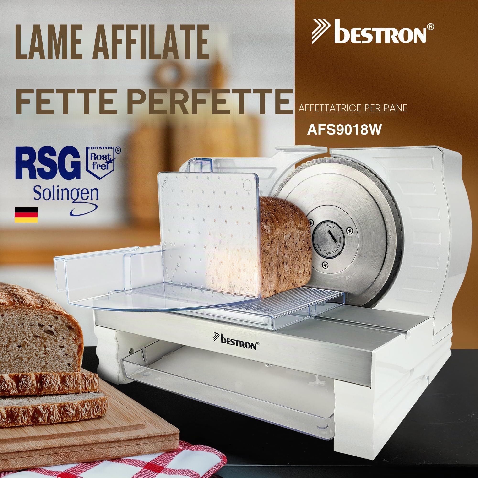 Bestron Affettatrice per pane, con lama in acciaio inox RSG, realizzata in Germania, regolazione continua dello spessore di taglio da 0 a 20 mm, affettatrice universale con pulsante di cambio per un