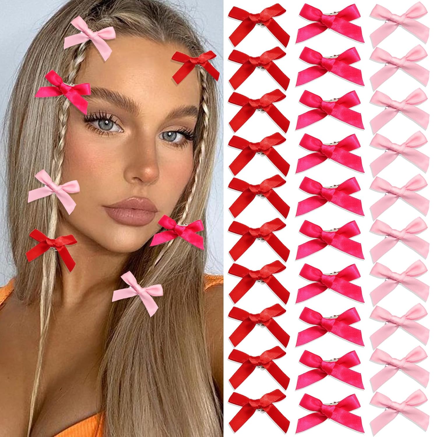 30Pcs Mini Hot Pink Hair Bows Cute Bows for Hair Valentines Small Silk Satin Hair Ribbons for Girls Sweet Bow Hair Clips Non Slip Bowknot Hair Barrettes Hair Accessories for Women Teens Girls