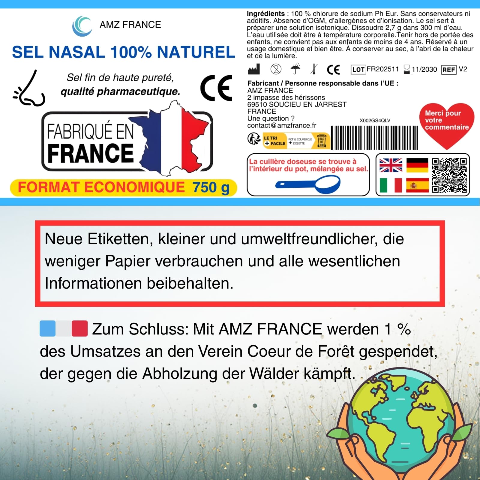 Nasenspülsalz 750g, 100% Natürlich, Pharmazeutische Qualität | Hergestellt in FRANKREICH - 277 Nasenspülungen (XXL-Box) - Kind Erwachsener - Wellnessprodukt