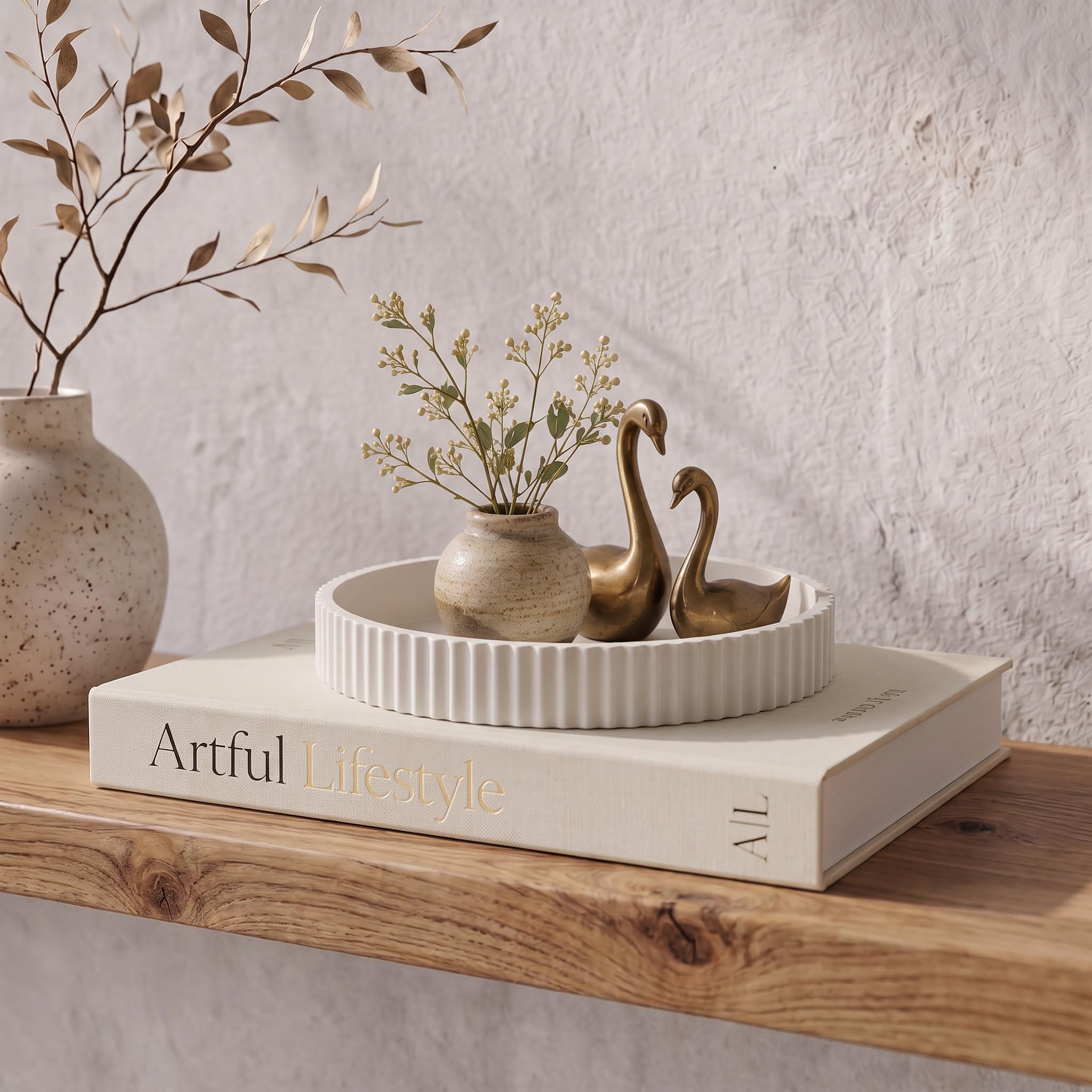 Decorative concrete tray with scalloped edge and linen storage box