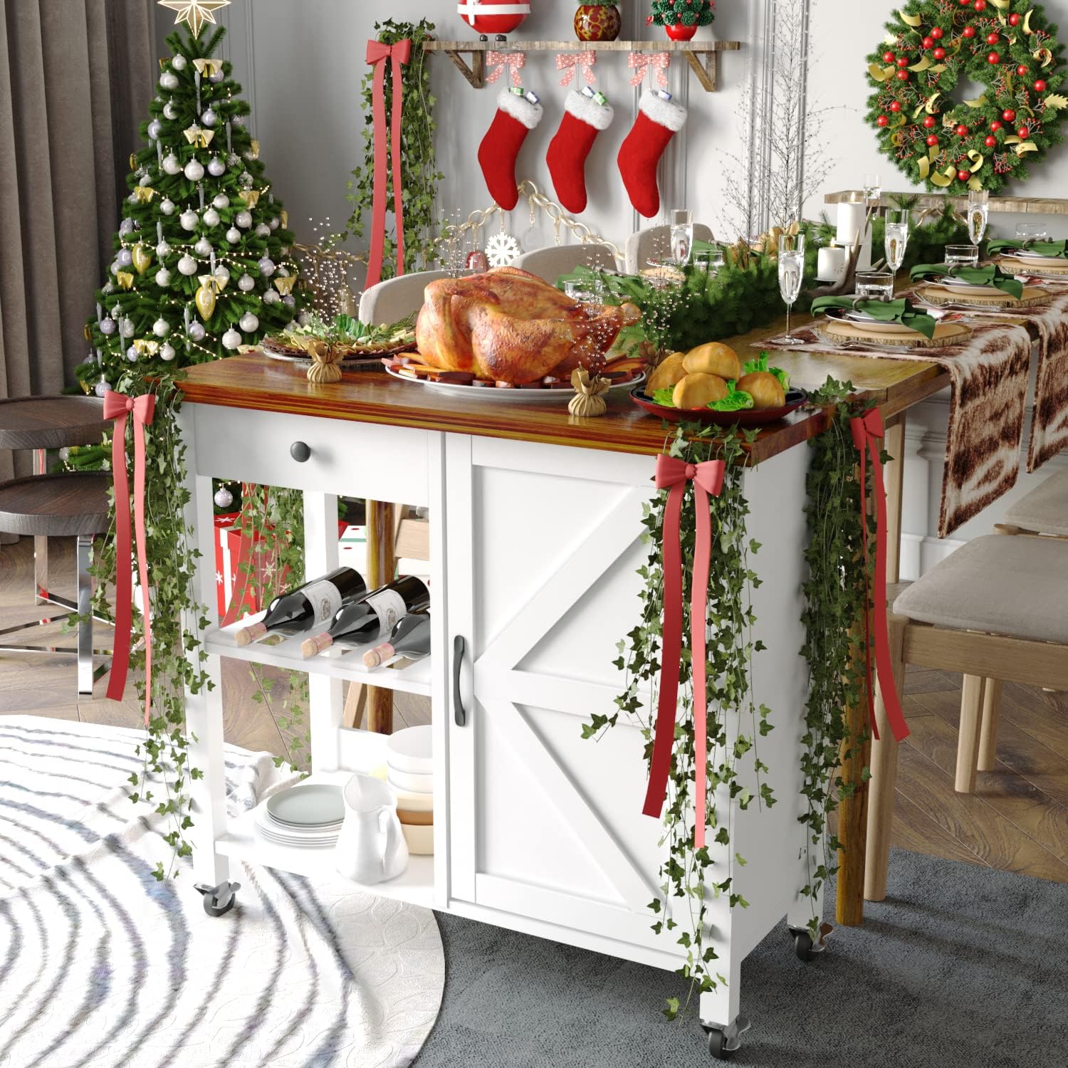 4 EVER WINNER Kitchen Island with Storage, Rolling Kitchen Island Cart with Wooden Countertop, Storage Drawer, Adjustable Shelf, Lockable Wheels for Kitchen, Dining Room, Living Room, White : Health & Household