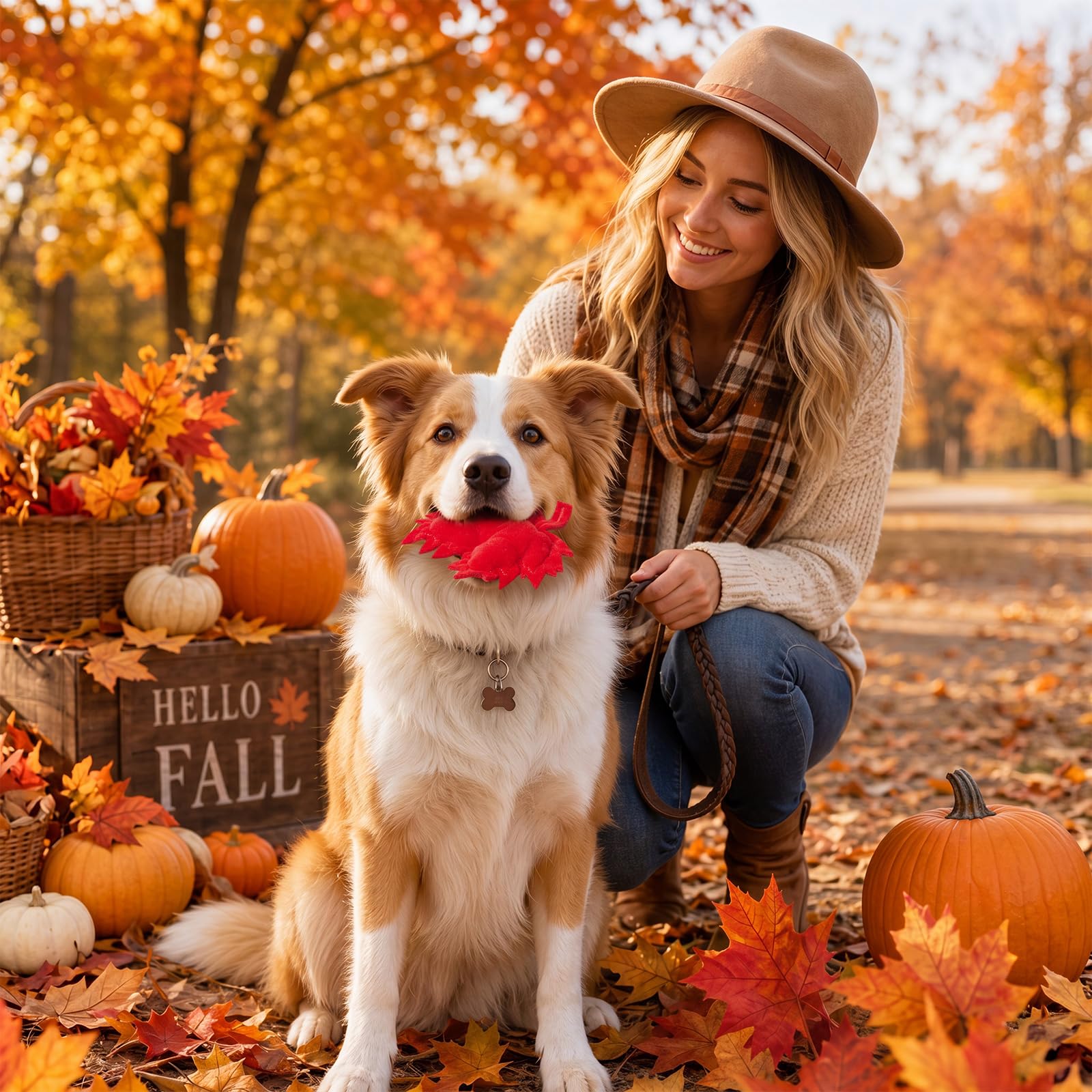 Civaner Lot de 48 jouets en peluche pour chiens en forme de feuilles d'érable - Jouets couineurs en peluche pour animaux de compagnie de petite, moyenne et grande taille - Automne - Décoration de fête