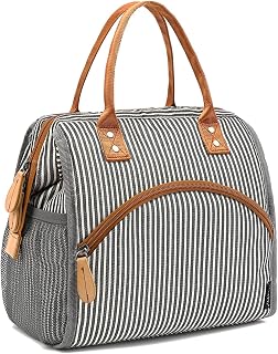 Insulated Lunch Bag Wide-Open Lunch Box Large Tote Leakproof Cooler with Drink Holder and Multi Pockets for Women Men Adult Kids Work Picnic Travel Beach Hiking, White Black Stripes
