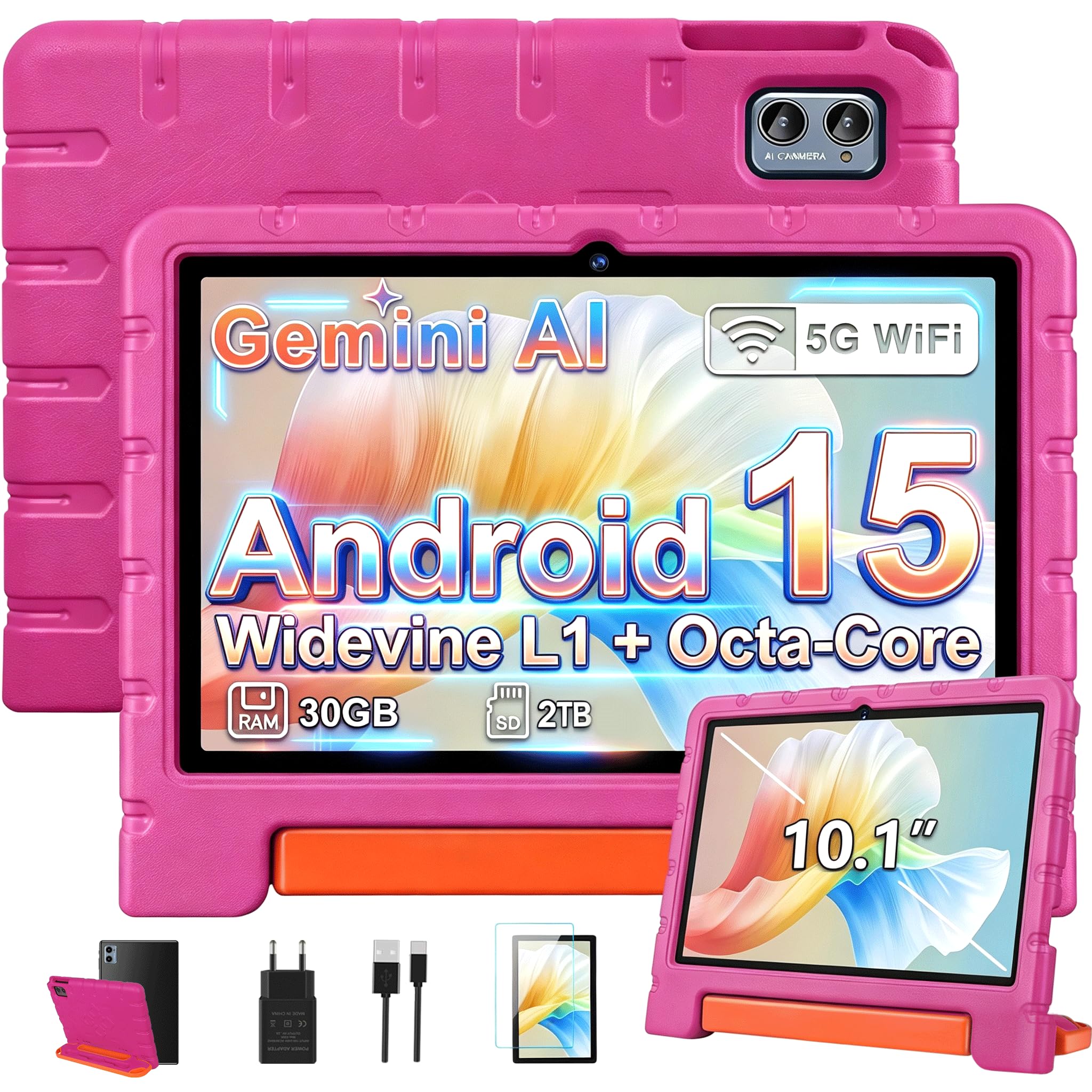 ZIOVO Tablet Bambini Android 15 Tablet 10 Pollici, 30 GB RAM + 64 GB ROM (TF 2 TB) Gemini AI, 5 G WiFi/Octa-Core/Widevine L1/Face ID/Controllo genitore/6000 mAh/BT 5.0, Tablet con Custodia EVA - Rosa