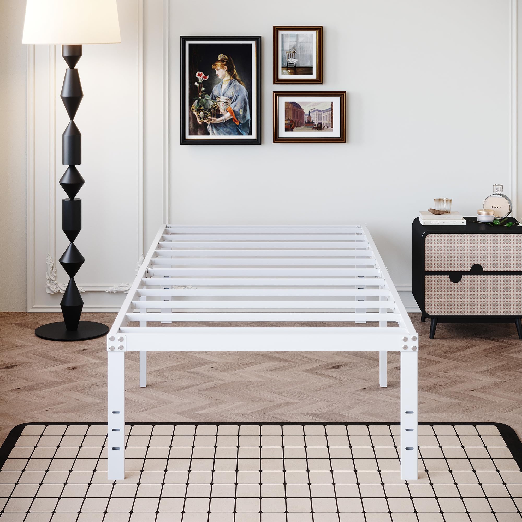18 Inch Twin Bed Frame Heavy Duty No Box Spring Needed Metal Platform with Maximum Storage, Easy Assembly, Noise Free, White